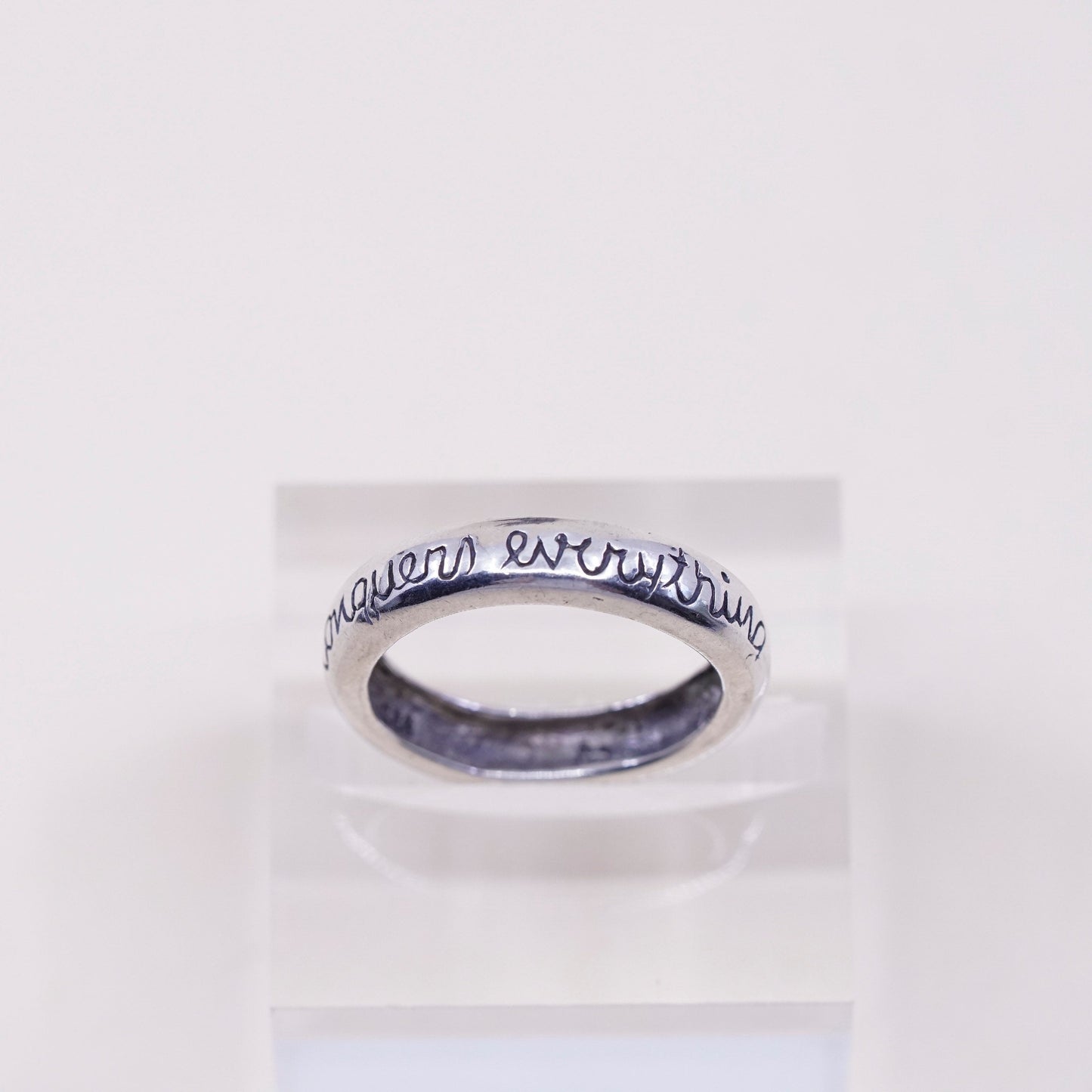 sz 7.75, vtg sterling silver handmade ring, 925 quote band “love conquers