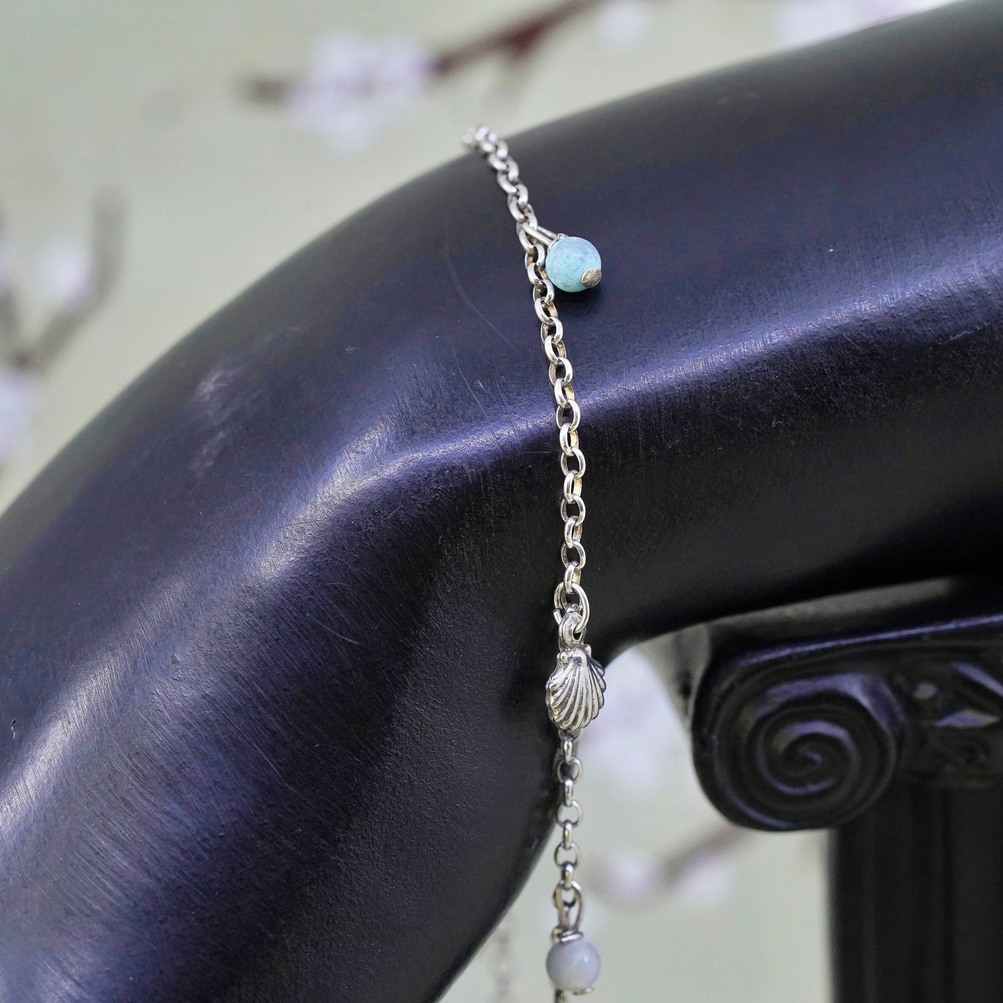 9.75”, sterling silver anklet bracelet, 925 circle shell charm sodalite beads