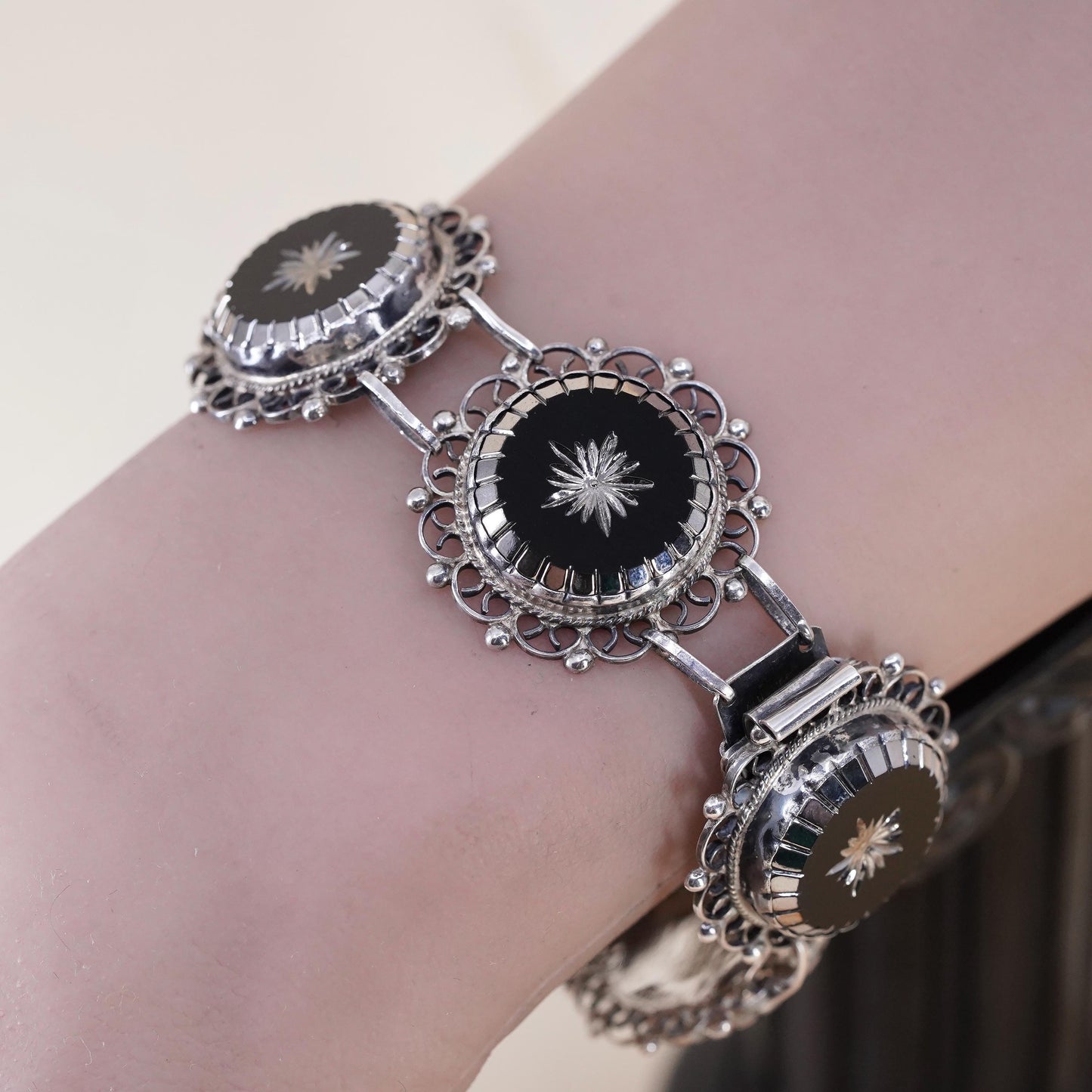 6.5” Mexican Sterling 925 Silver Black Onyx Panel Star Bracelet, Hecho En Taxco