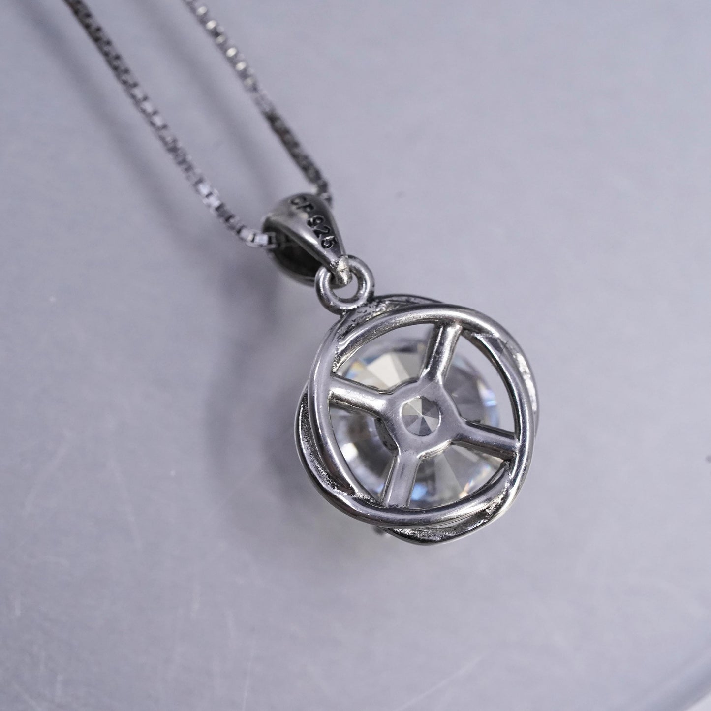 18" 1mm, vintage Sterling 925 silver handmade box necklace with cz pendant