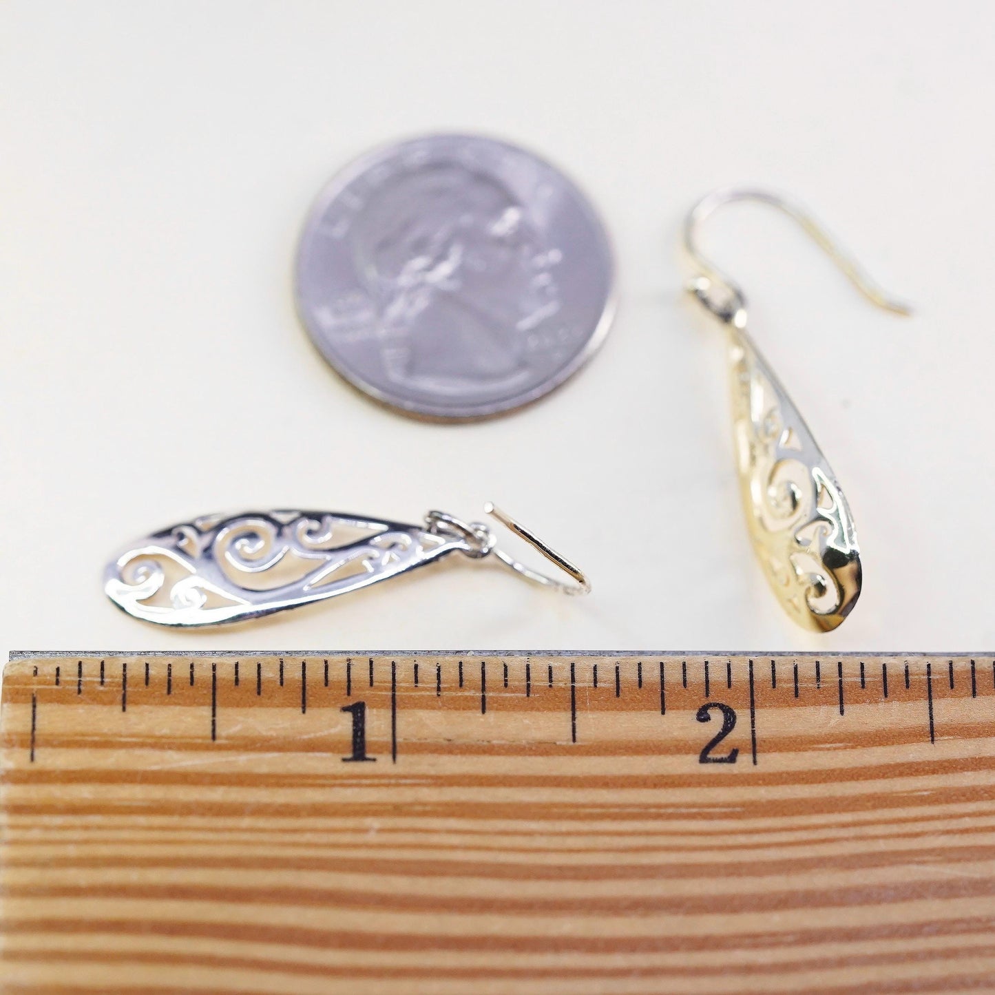 Vintage two tone sterling silver handmade earrings, 925 filigree teardrops