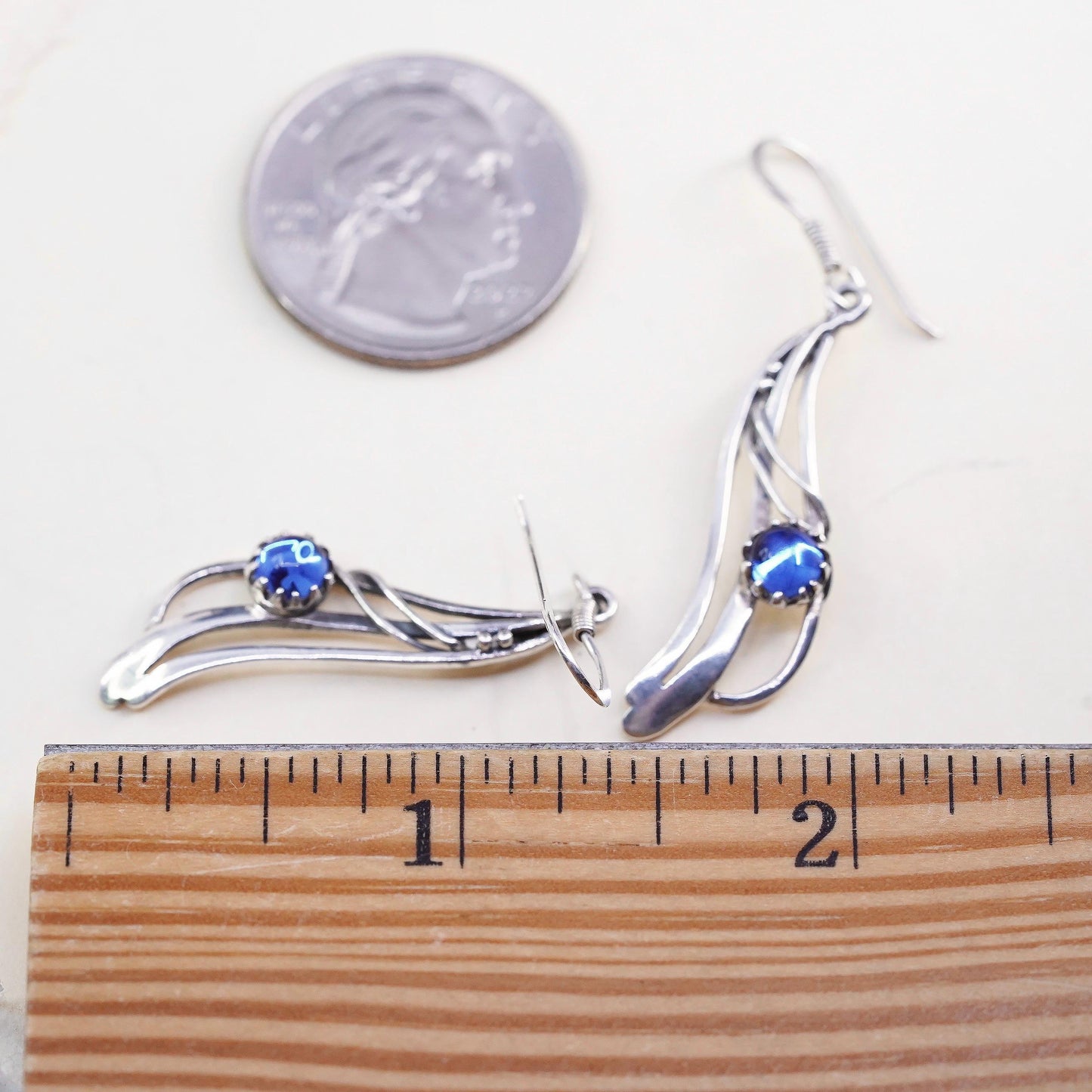 Vintage Sterling silver handmade earrings, 925 wavy drops with blue glass