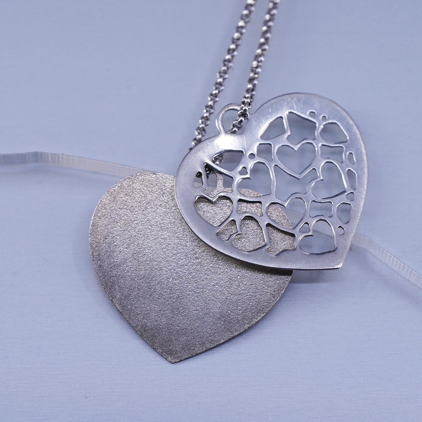 14+2”, vintage two tone Sterling 925 silver circle necklace with heart pendants