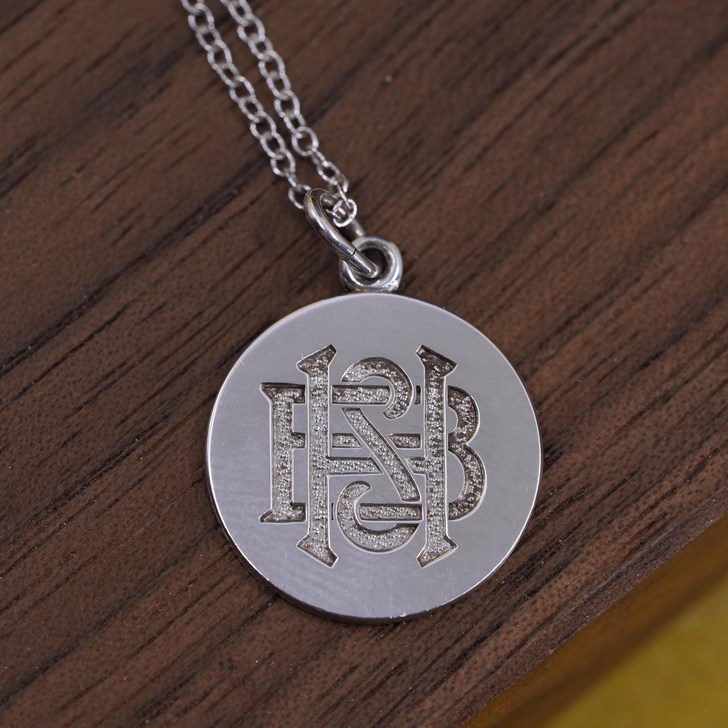 16”, Sterling silver necklace, 925 circle chain with monogram ”BHS” pendant