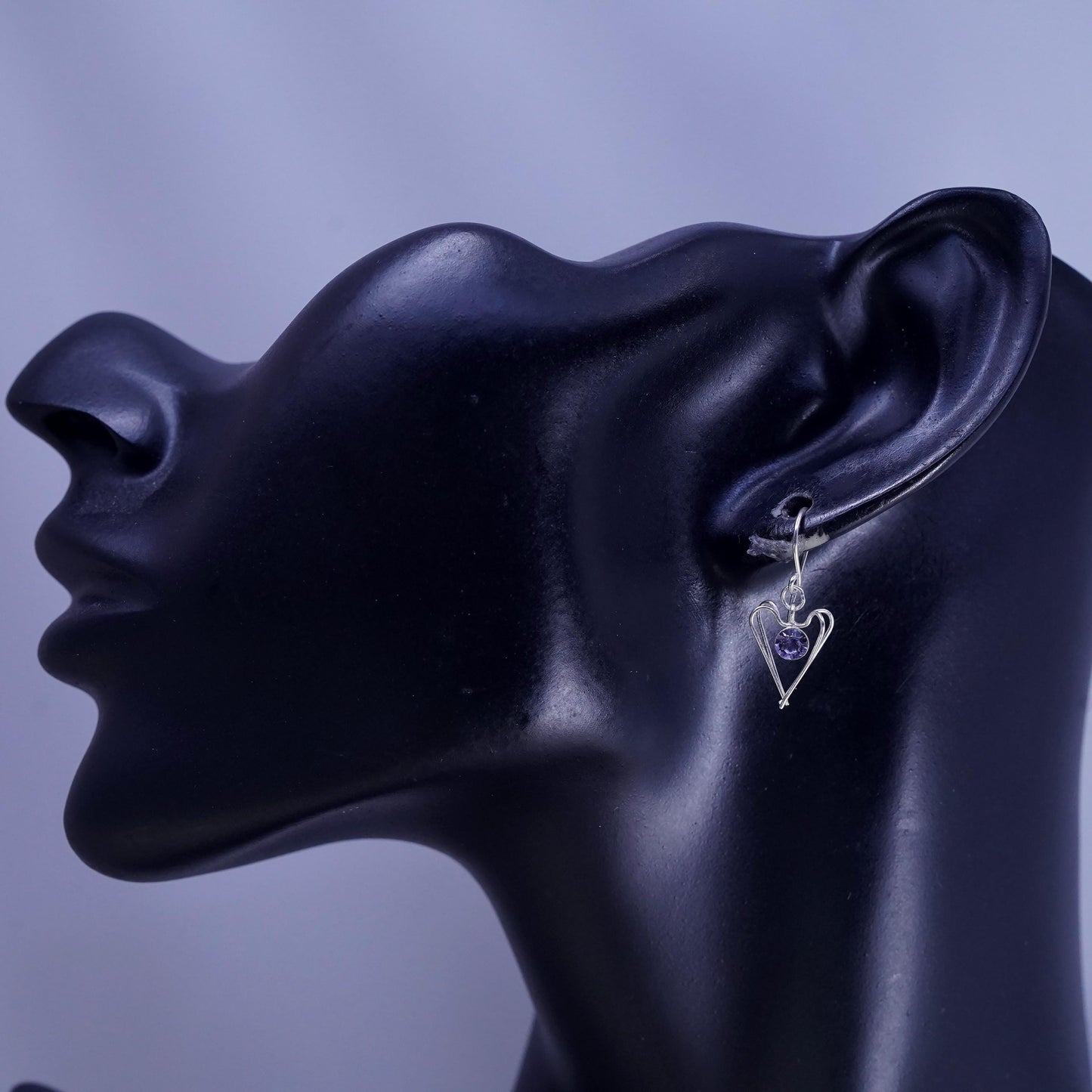 Vintage Sterling silver handmade earrings, 925 heart drops with dancing cz