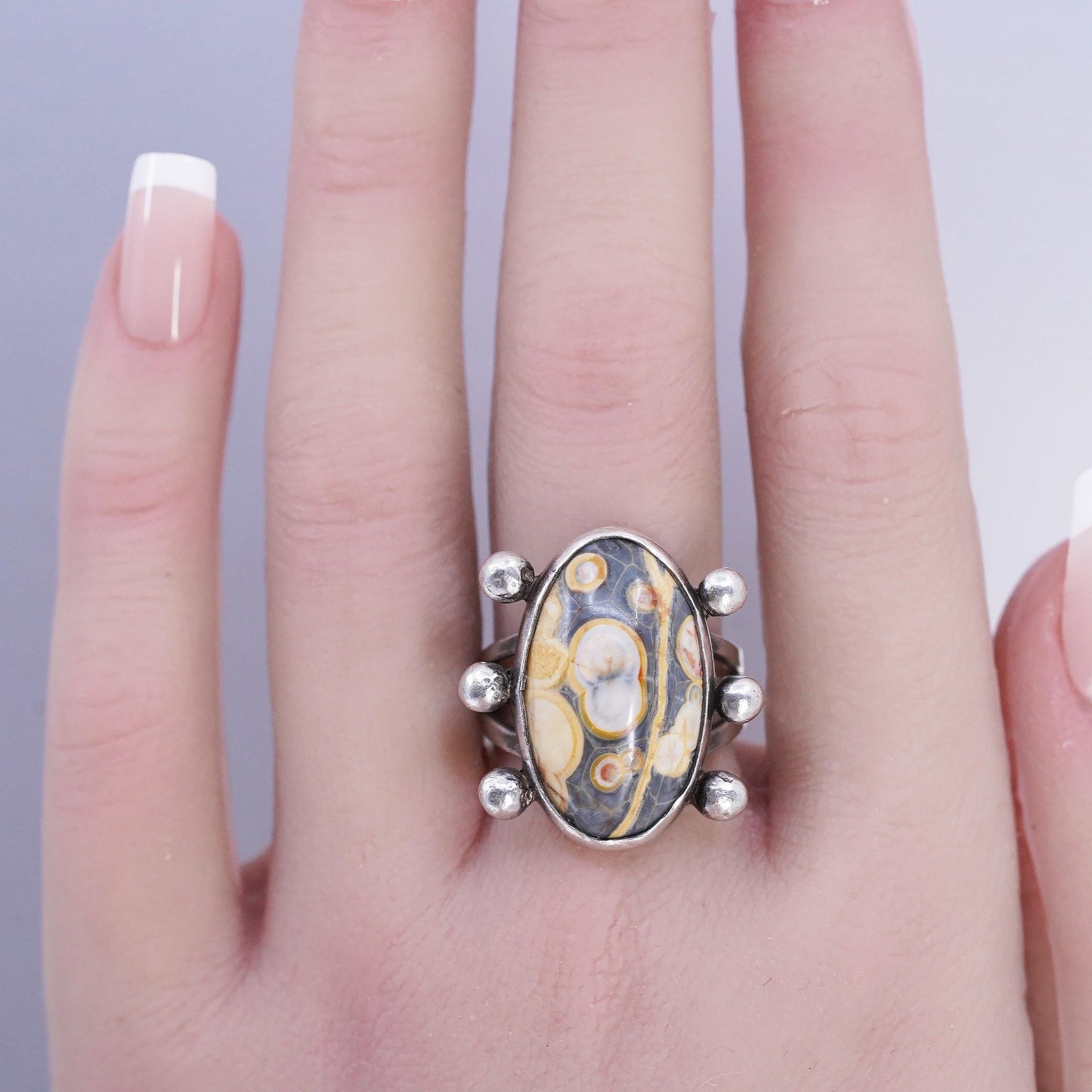 Size 8, 925 Sterling Silver Ocean Jasper Ring, Orbicular Jasper Cabochon Ring