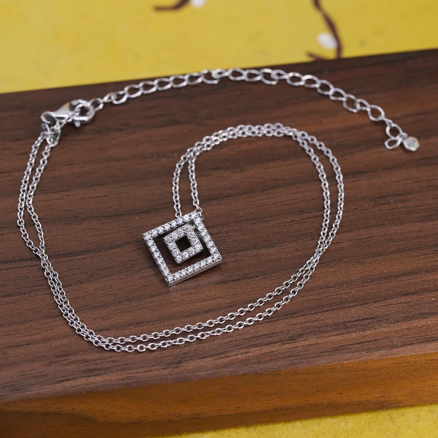 15+3” Vintage TCS Sterling 925 silver circle necklace double square cz pendant