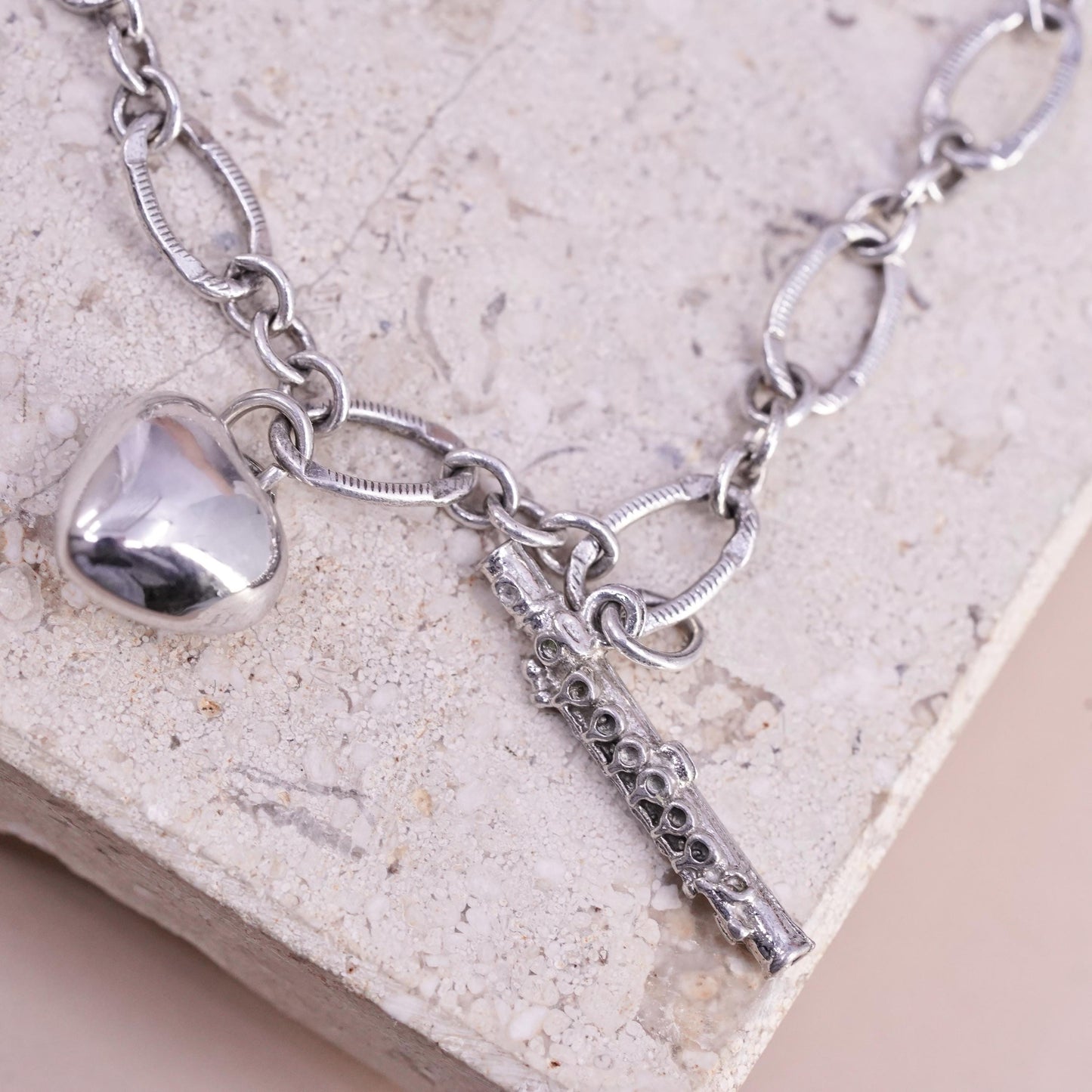 7", VTG Sterling silver handmade bracelet, 925 oval bracelet heart flute charms