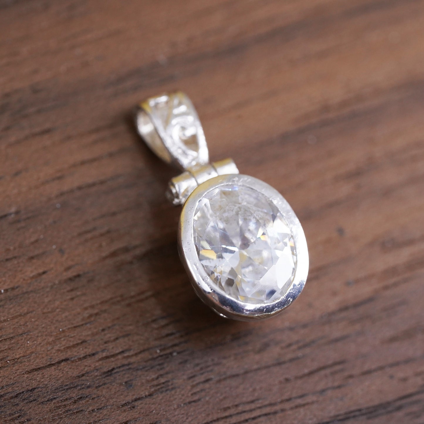 Vintage Sterling silver handmade pendant, 925 oval with Cz