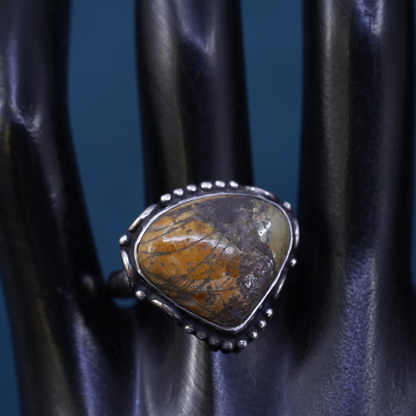 Size 10, vintage Sterling 925 silver handmade ring with agate stone and beads