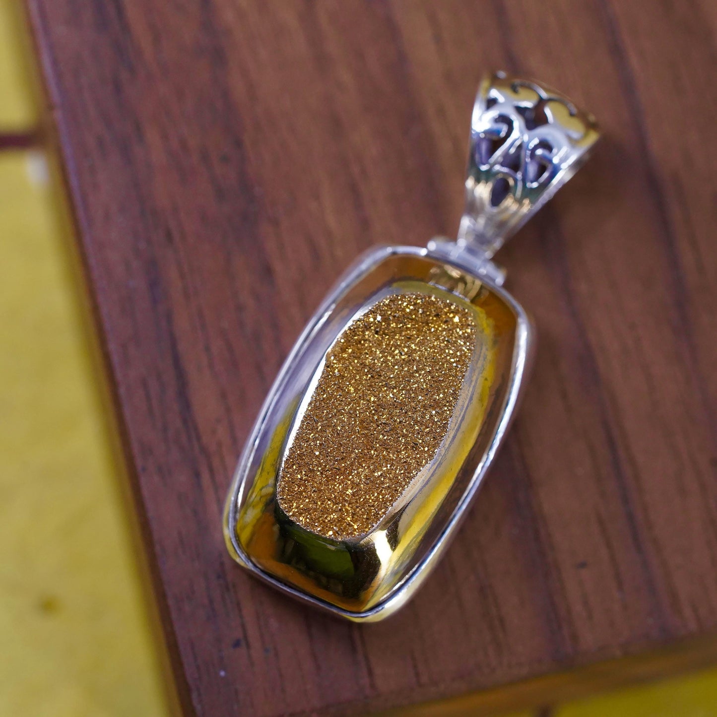 Vintage Sterling 925 silver handmade pendant with golden druzy stone