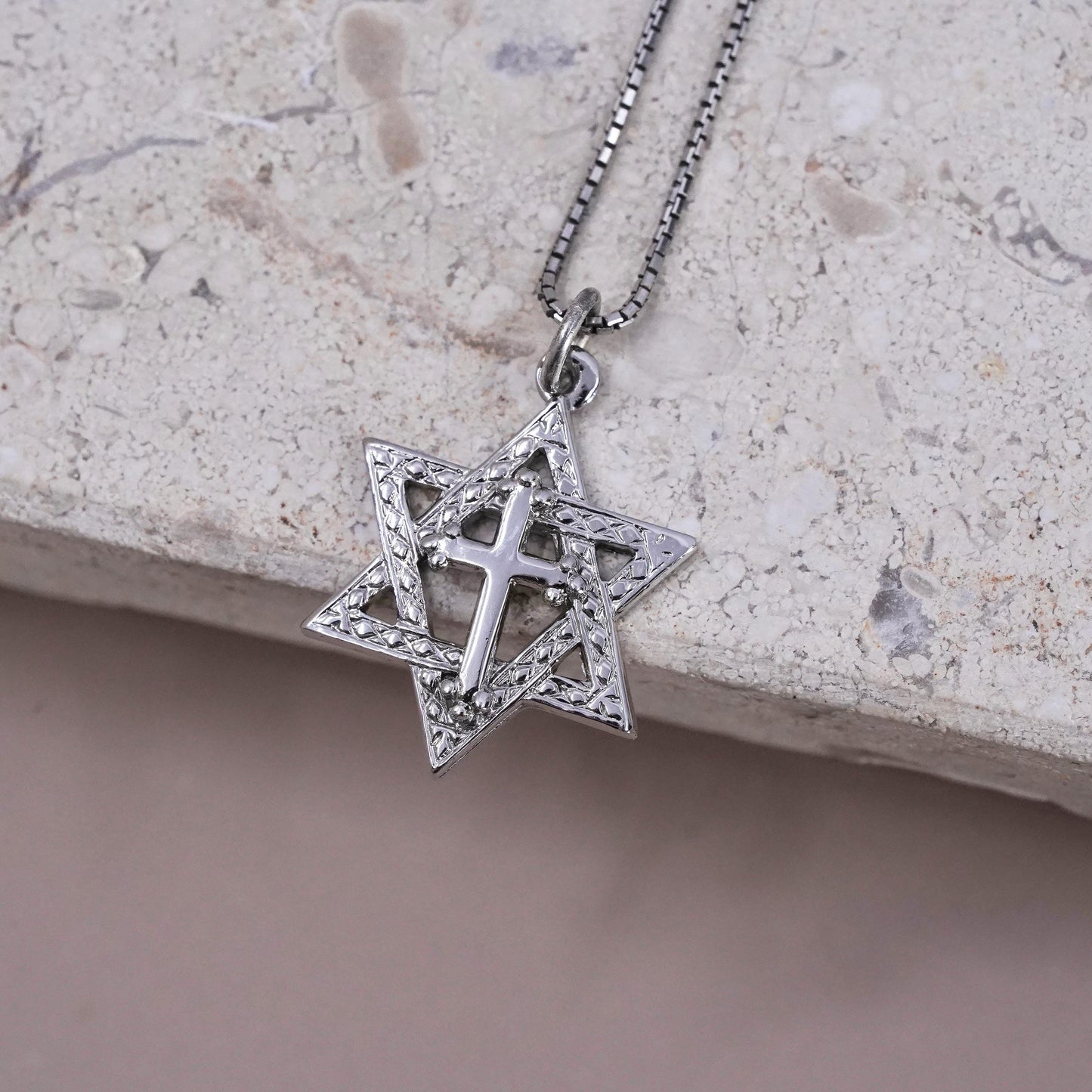 18” Sterling 925 silver box chain necklace hexagram Star of David cross pendant