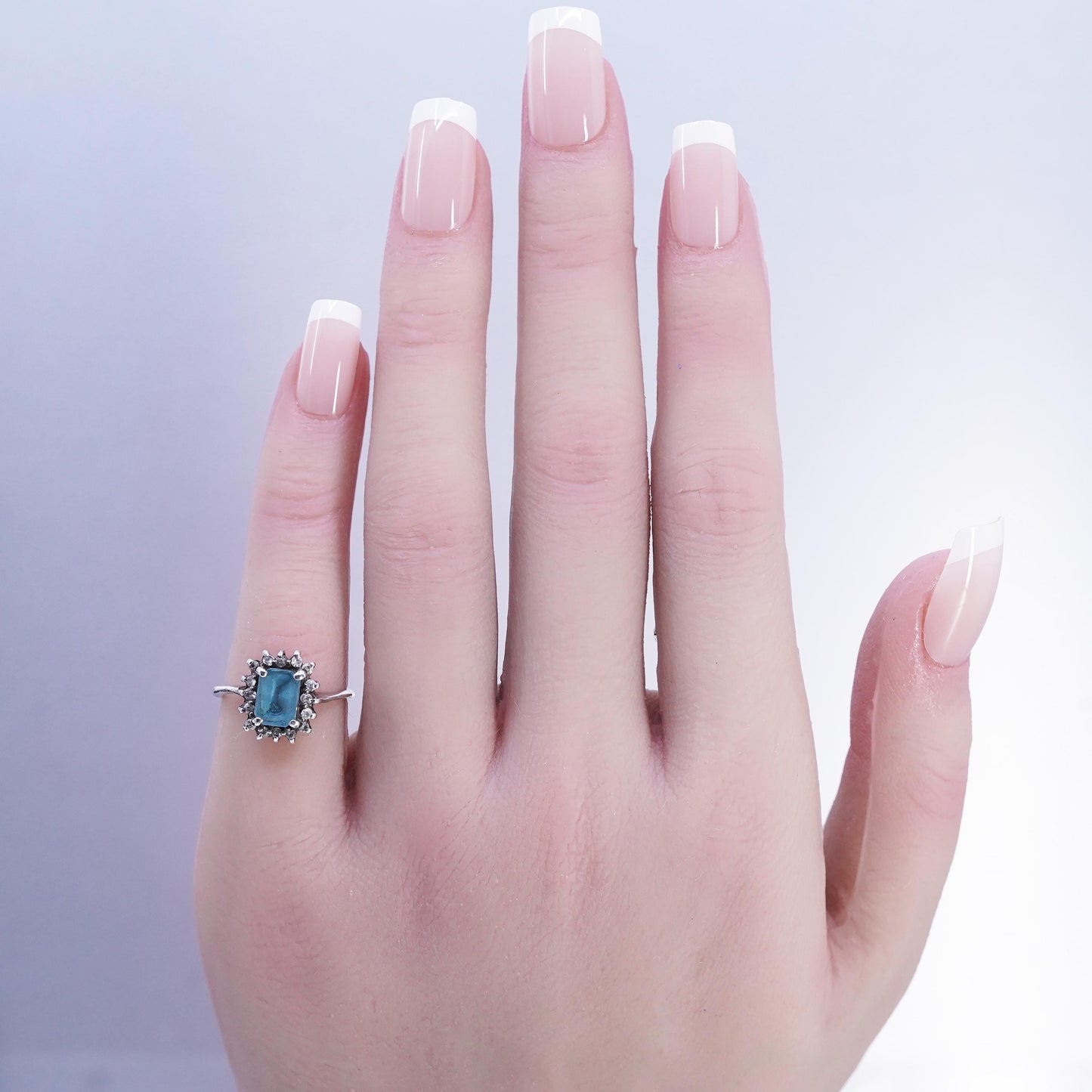 size 4.25, Vintage Sterling Silver 925 emerald cut topaz ring cluster Diamonds