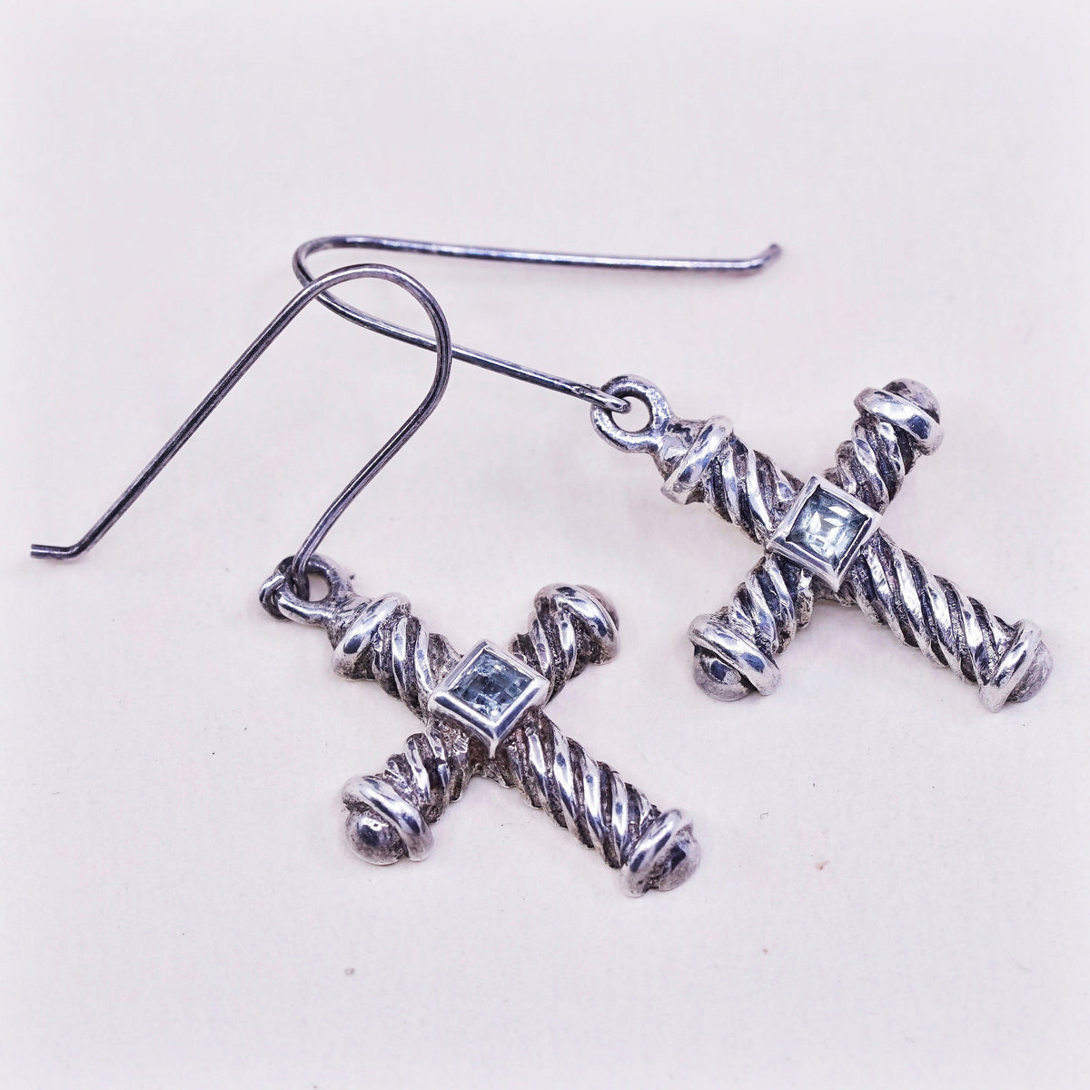 vtg Sterling silver handmade earrings, 925 silver twisted cross with topaz