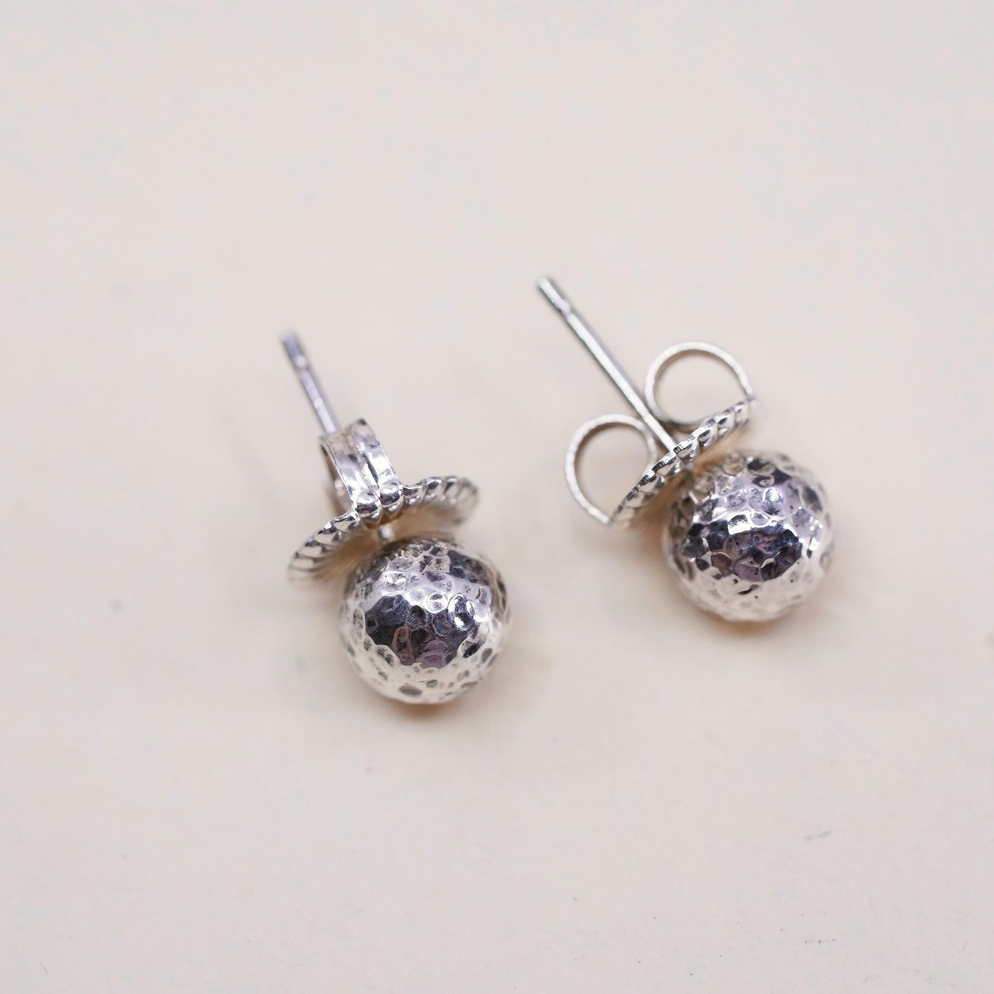 8mm, Vintage Jai sterling silver sphere studs, 925 hammered textured earrings