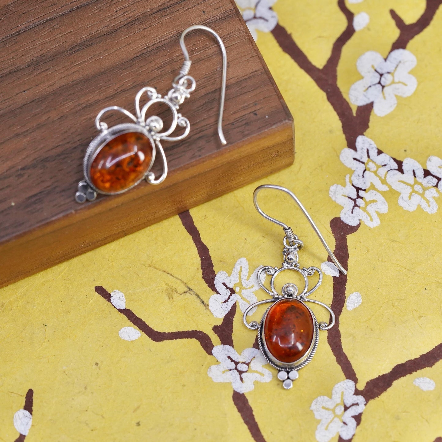 Vintage Sterling 925 silver handmade earrings with oval Amber