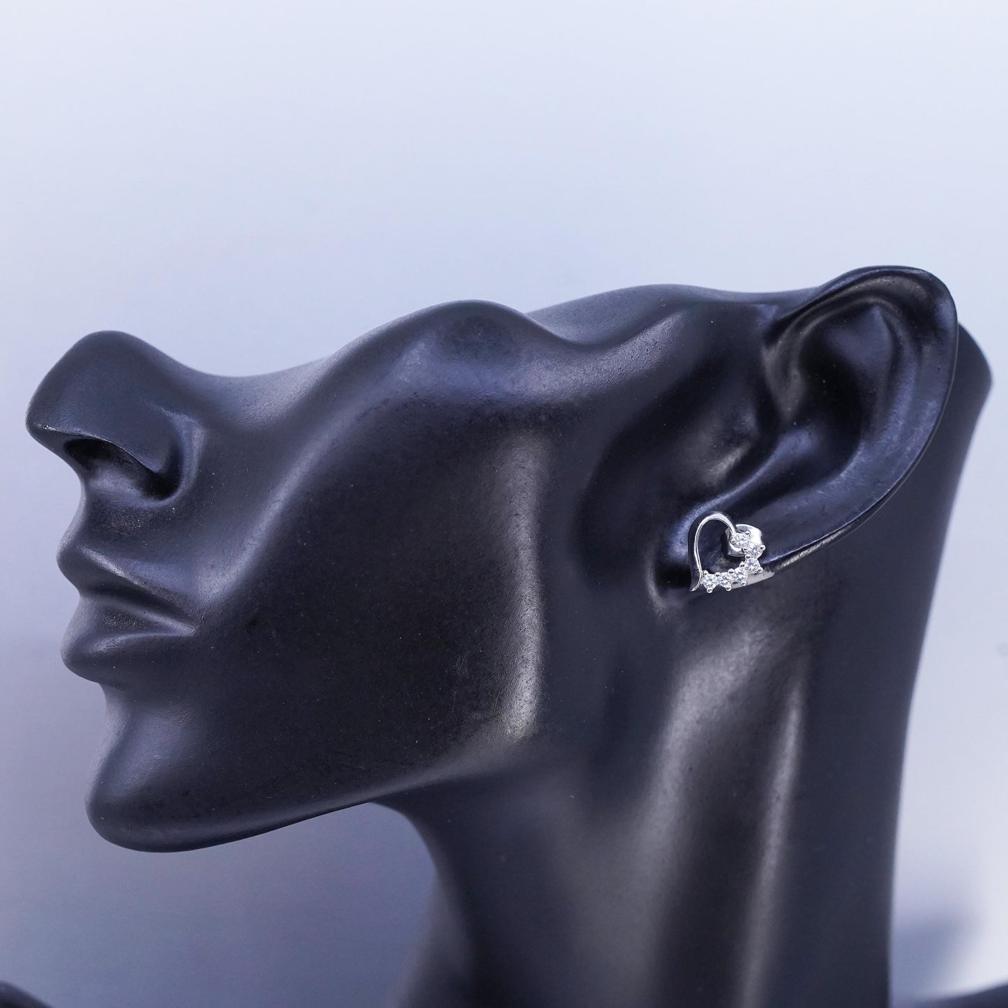 Vintage Sterling 925 silver handmade heart earrings, studs with cz