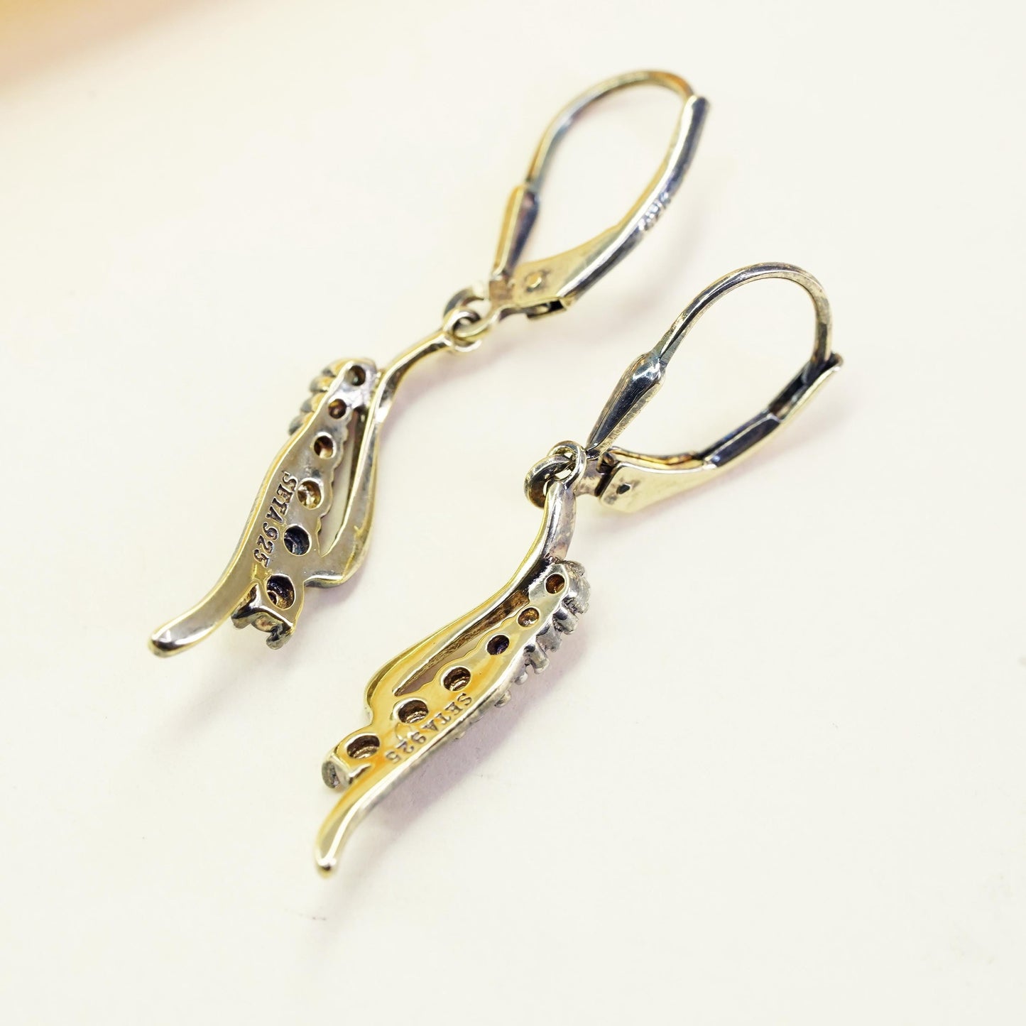Vintage vermeil gold over sterling 925 silver earrings with diamonds