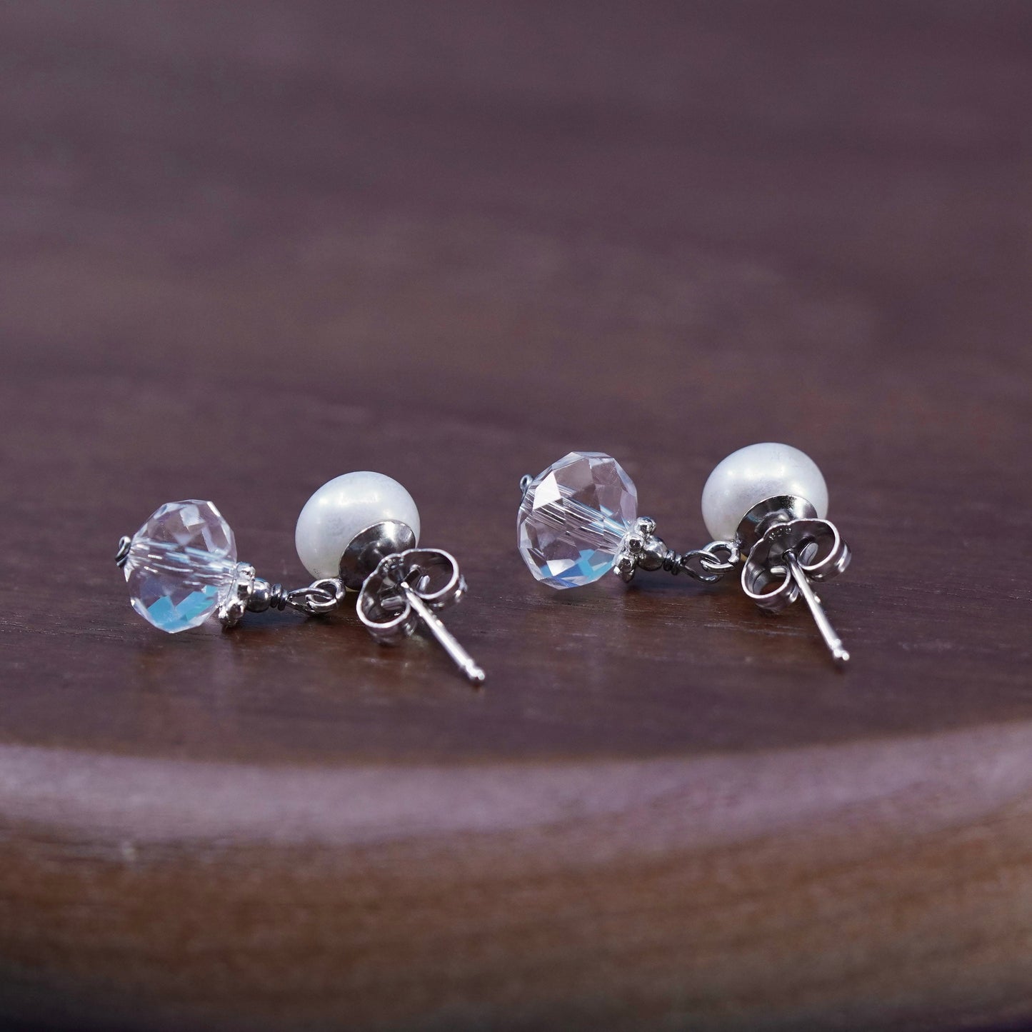 Vintage Sterling 925 silver handmade earrings with pearl and crystal