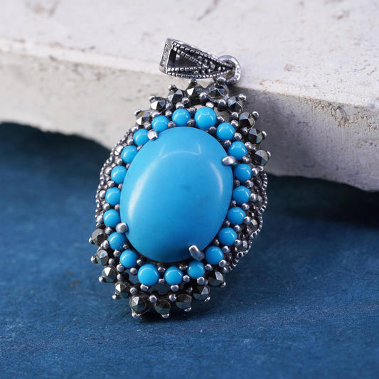 Vintage Sterling 925 silver handmade oval pendant turquoise cluster marcasite