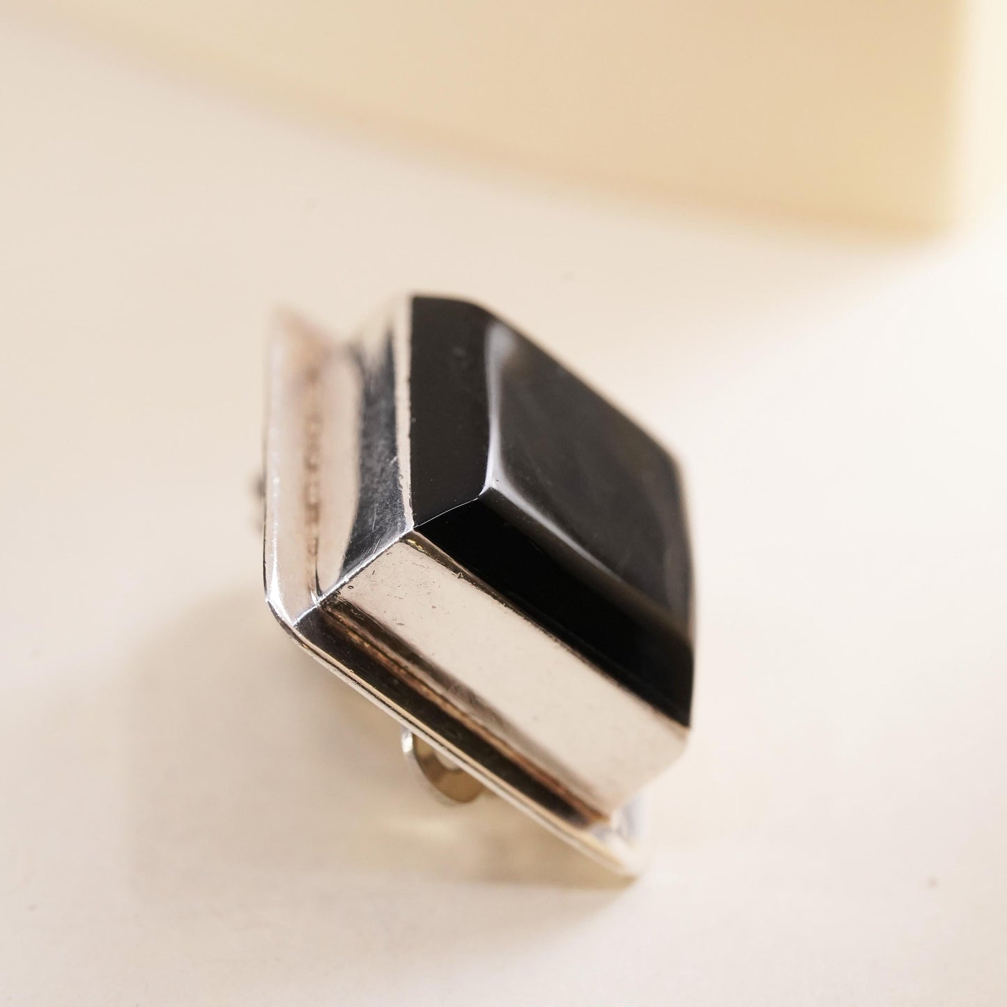 Vintage Mexican sterling silver single earring, 925 silver square clip on onyx