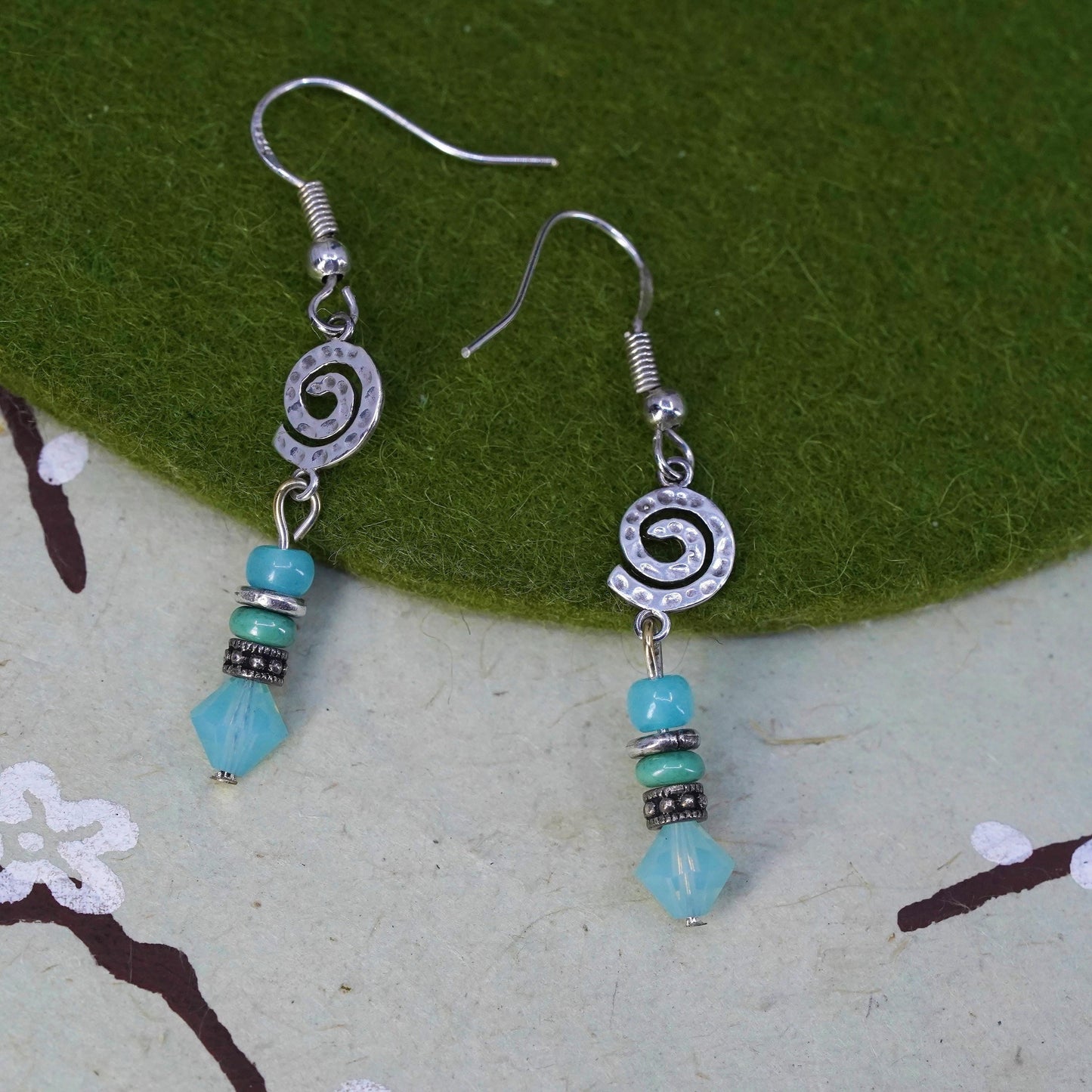 Vintage Sterling 925 silver handmade spiral earrings with Chalcedony beads