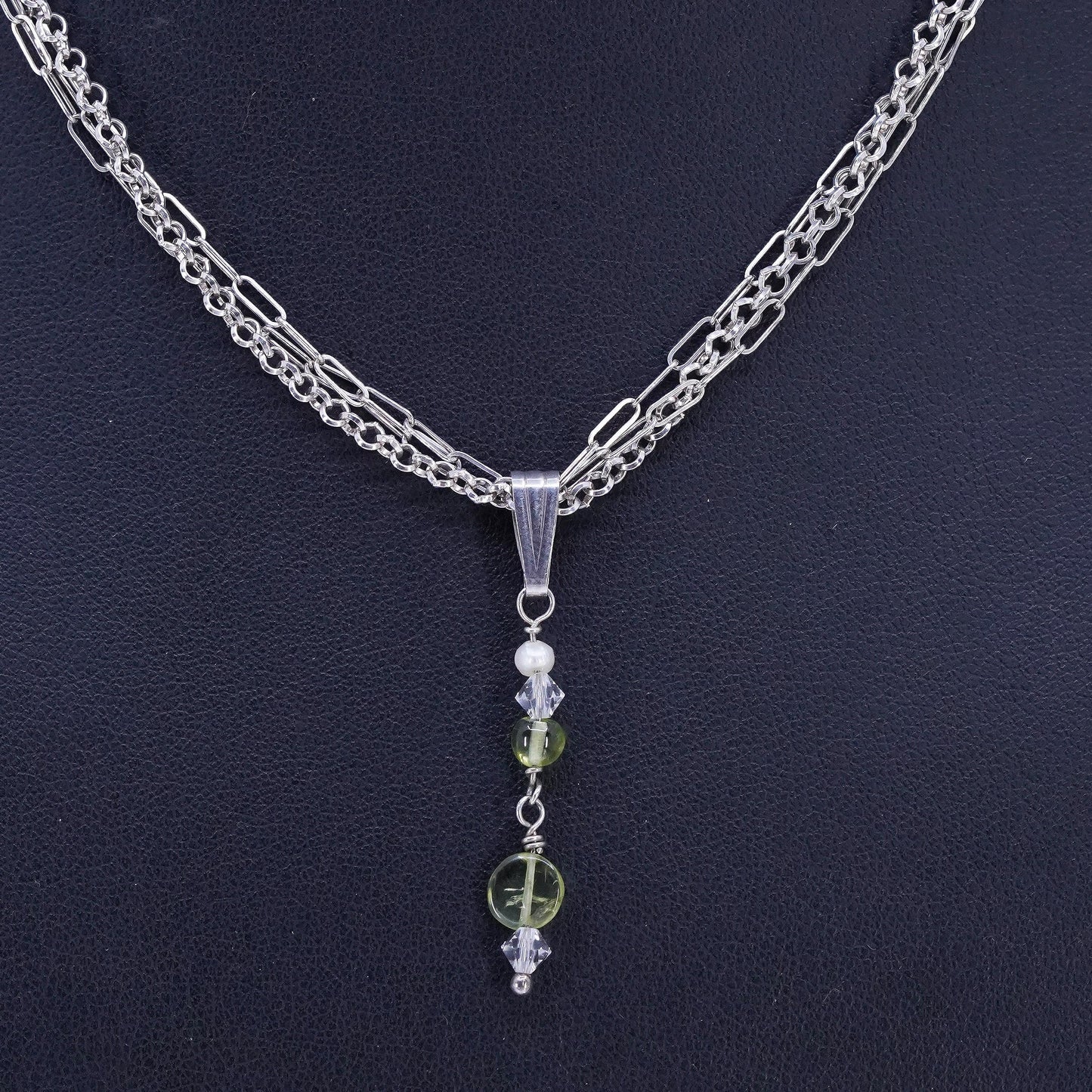 16+2" Sterling 925 silver multi strands elongated oval necklace peridot pendant