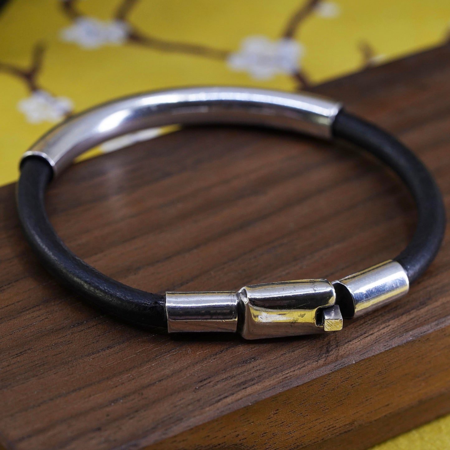 7.5", vintage Mexican black leather bangle with sterling 925 silver slide tube