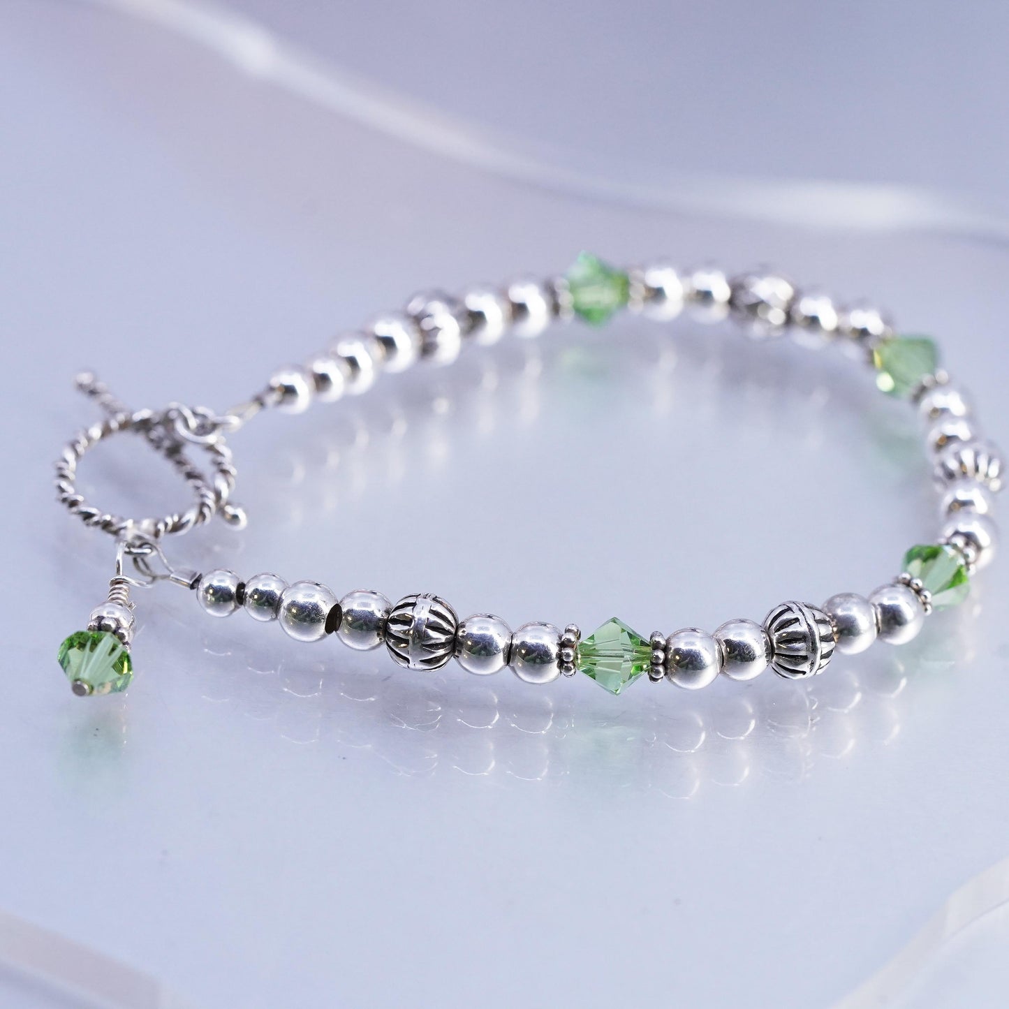 7", vintage Sterling 925 silver bracelet w/ green crystal beads toggle closure