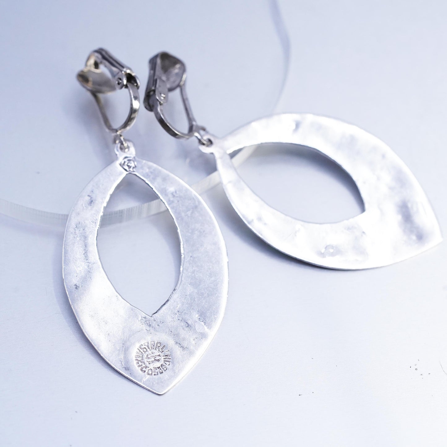 Vintage Mexican Sterling 925 silver earrings, leaf dangles clip on with abalone