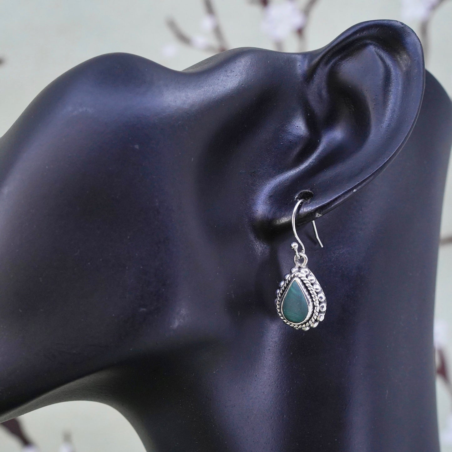 Mexican sterling 925 silver handmade earrings with teardrop malachite beads