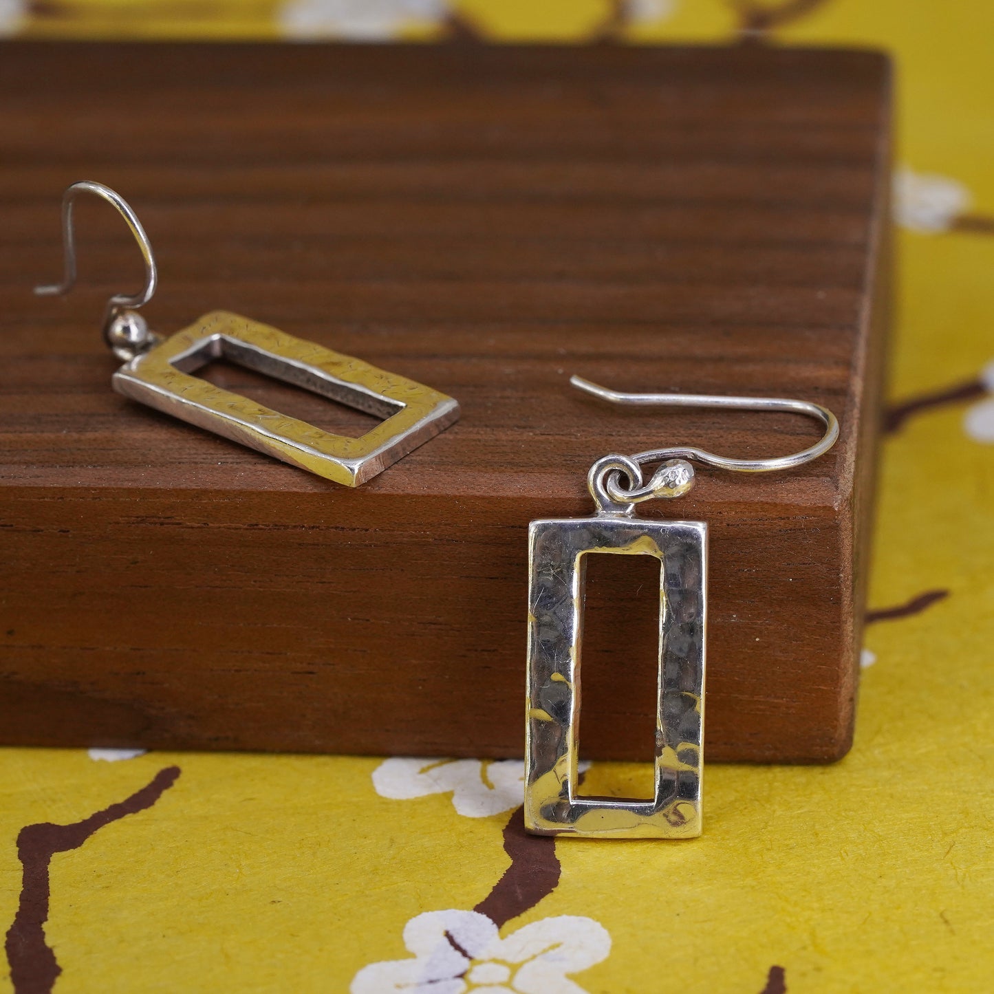 Mexico Sterling silver handmade earrings, 925 Hammered rectangular dangles