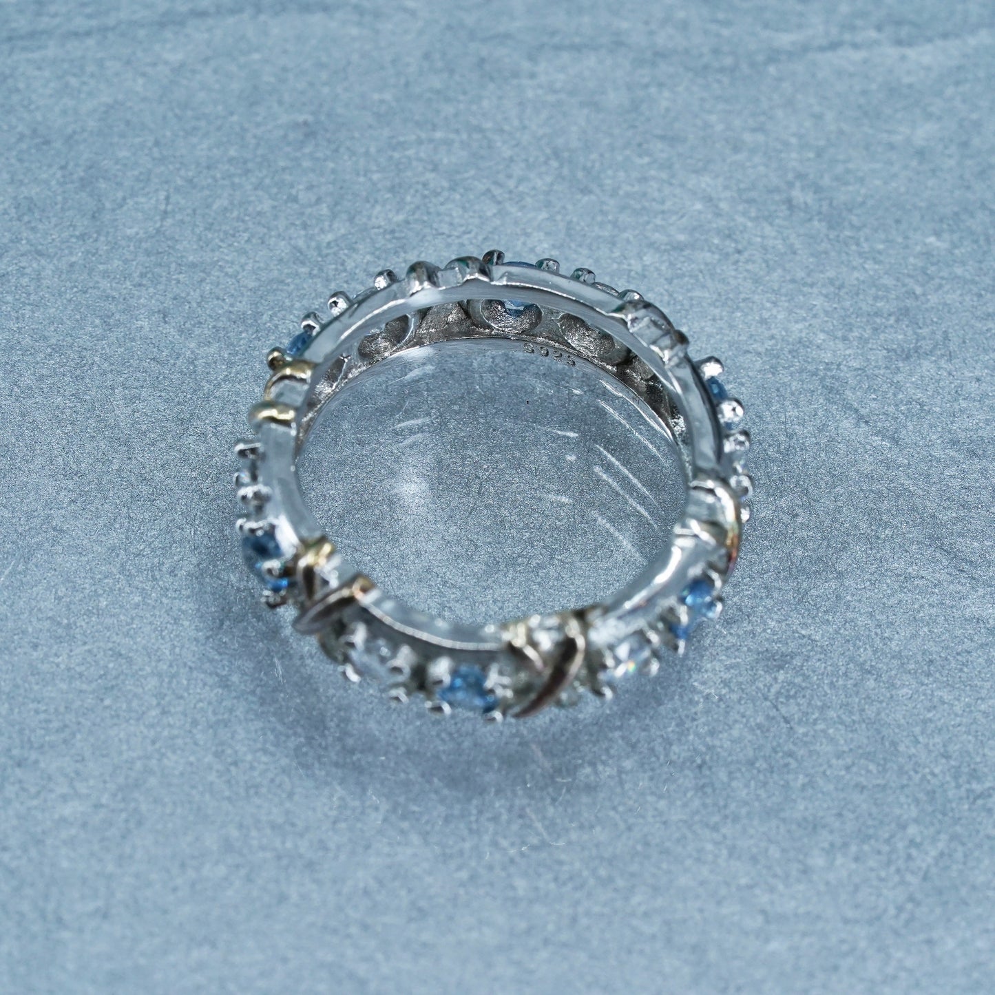 Size 8, vintage two tone Sterling 925 silver ring, blue topaz and Cz band
