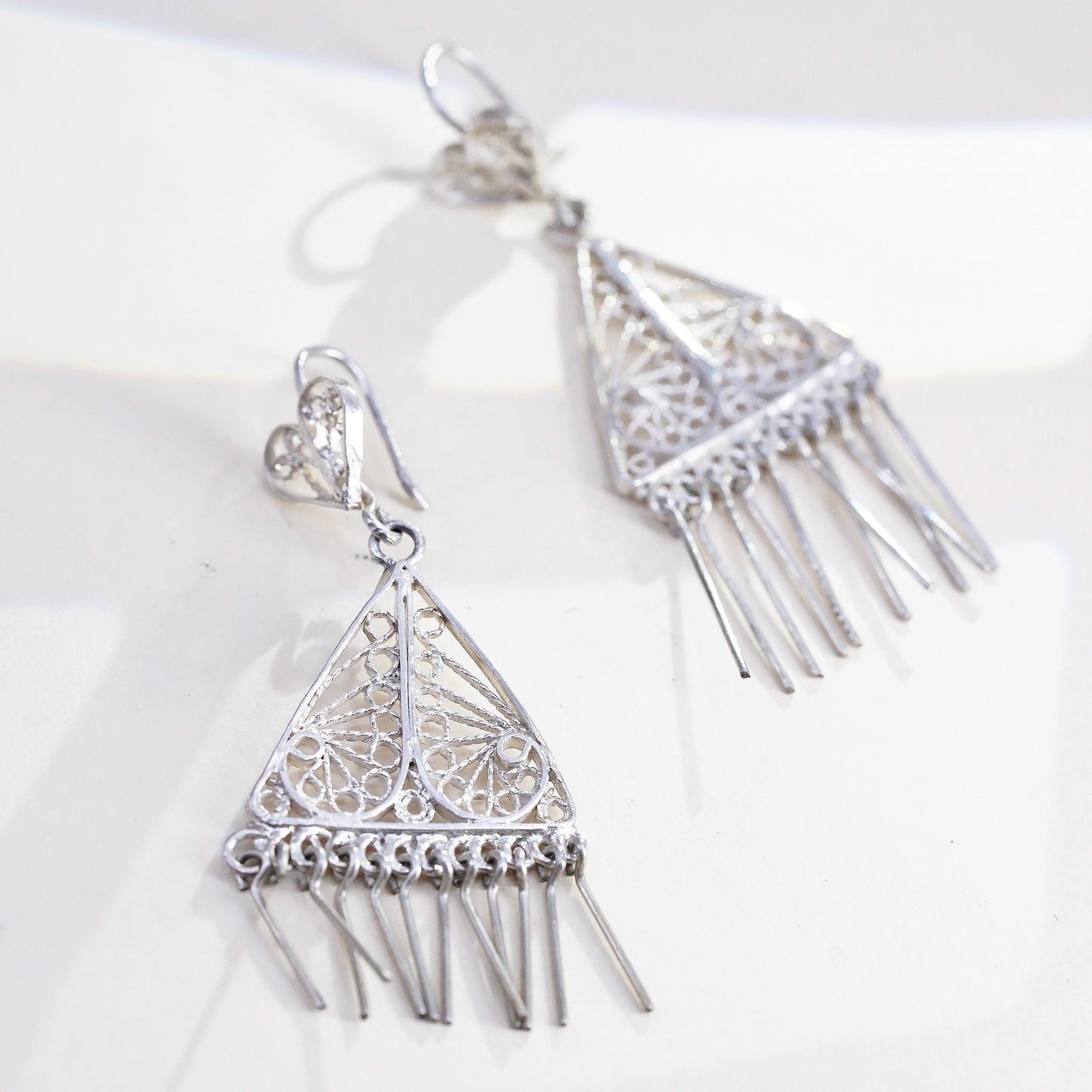 Vintage sterling silver handmade earrings, 925 filigree triangle with fringes