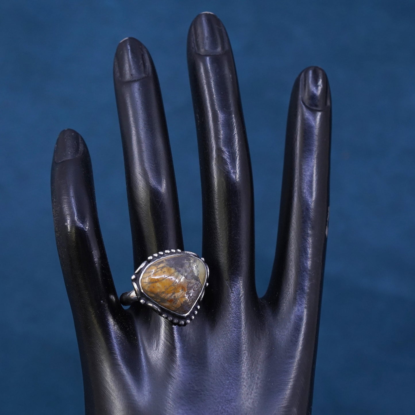 Size 10, vintage Sterling 925 silver handmade ring with agate stone and beads