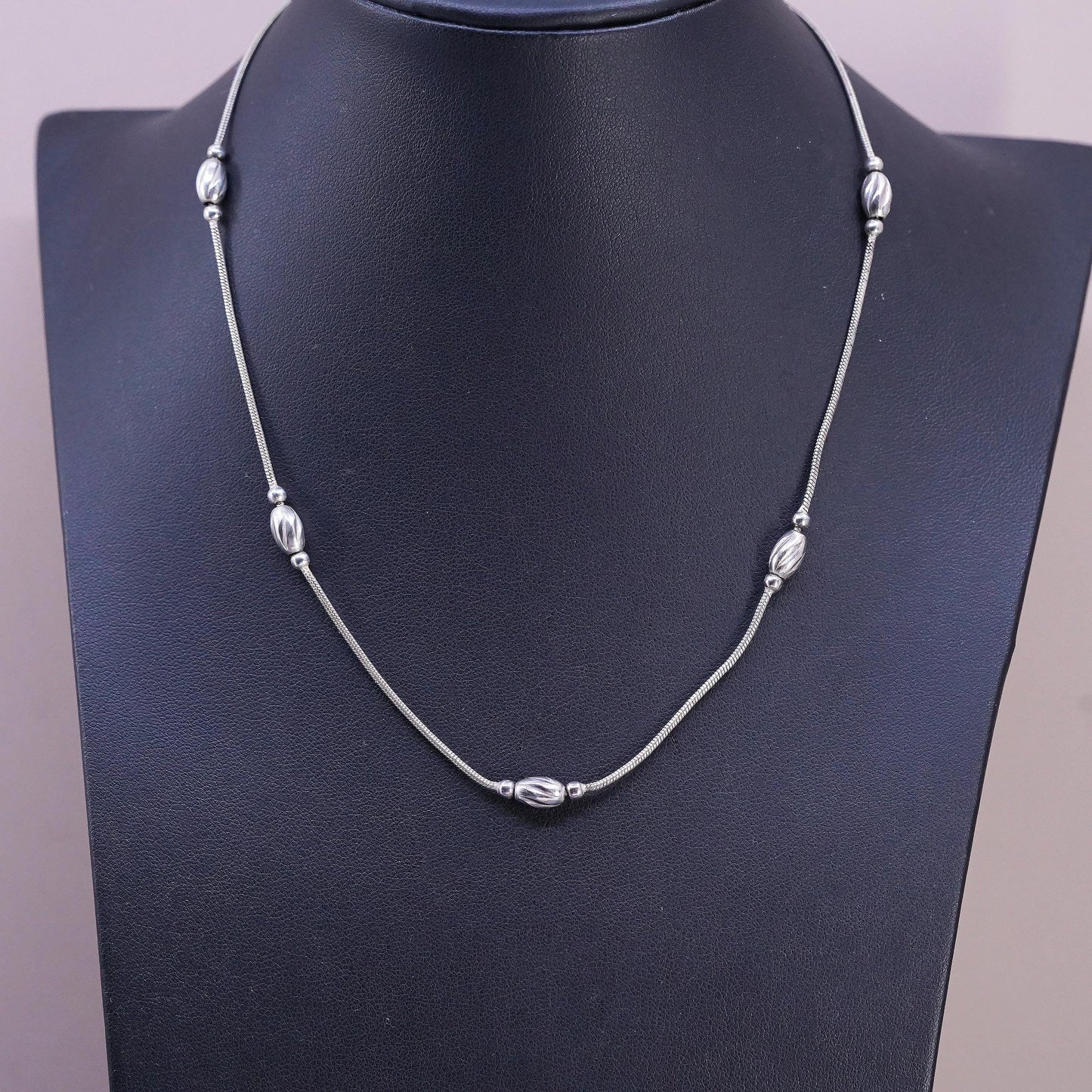 16" 1mm, vintage Sterling silver handmade necklace, 925 snake chain 5mm beads