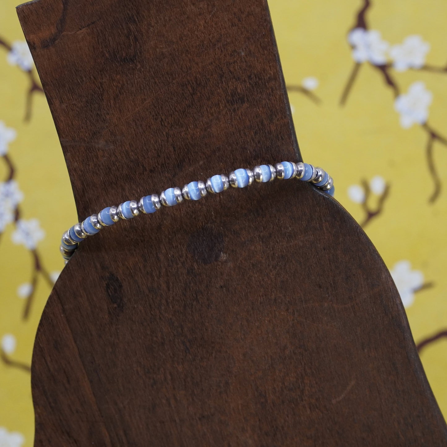 7.25”, vintage Sterling 925 silver beads bracelet with blue cat eye beads