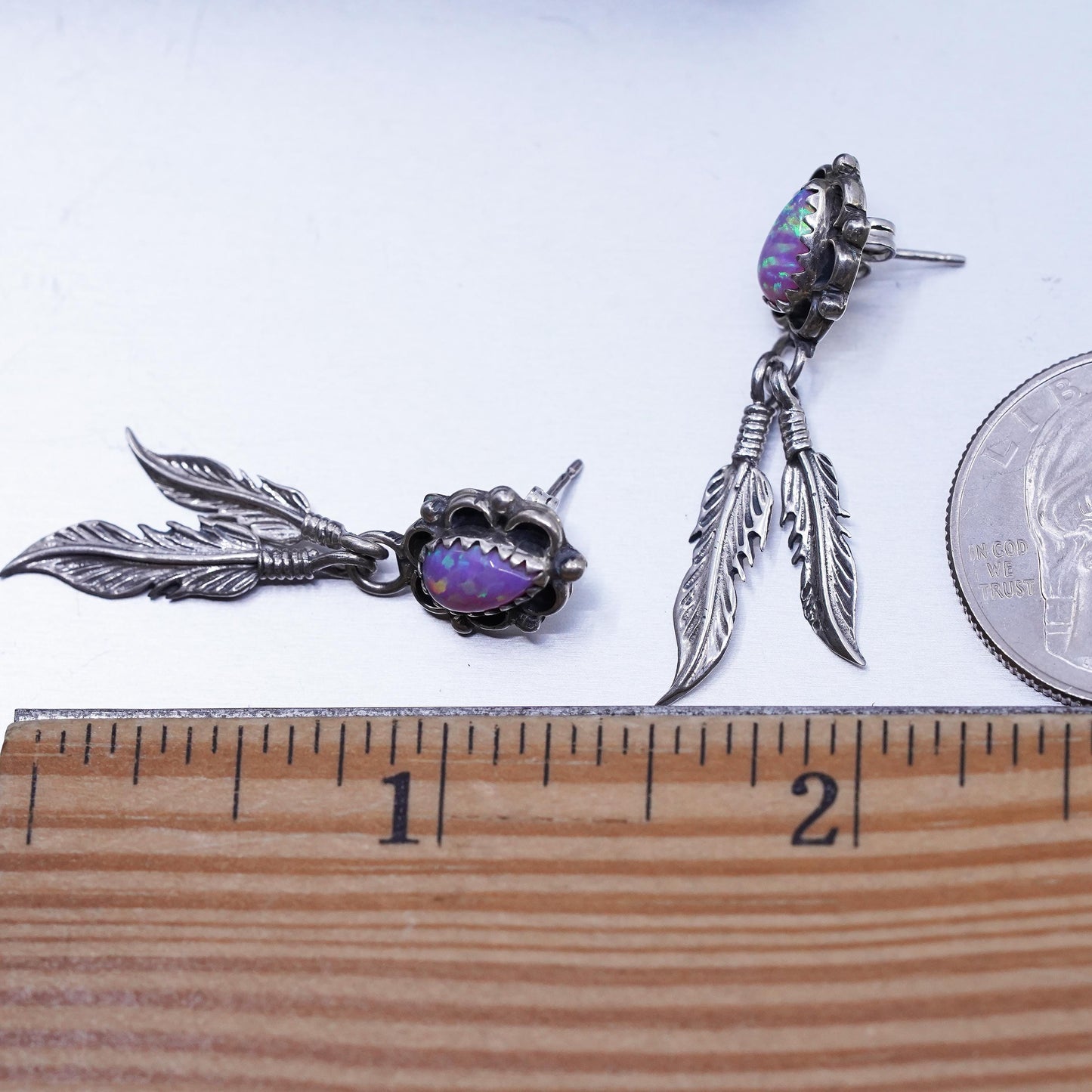 VTG Sterling silver handmade earrings, 925 teardrop studs opal feather dangles