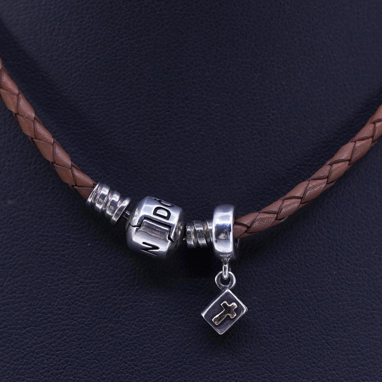 14”, Pandora 925 Sterling Silver brown braided Leather Necklace bible charm