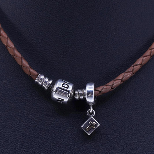 14”, Pandora 925 Sterling Silver brown braided Leather Necklace bible charm