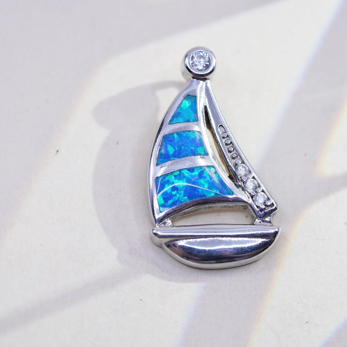 Vintage sterling silver handmade pendant, 925 silver sailing boat opal inlay cz