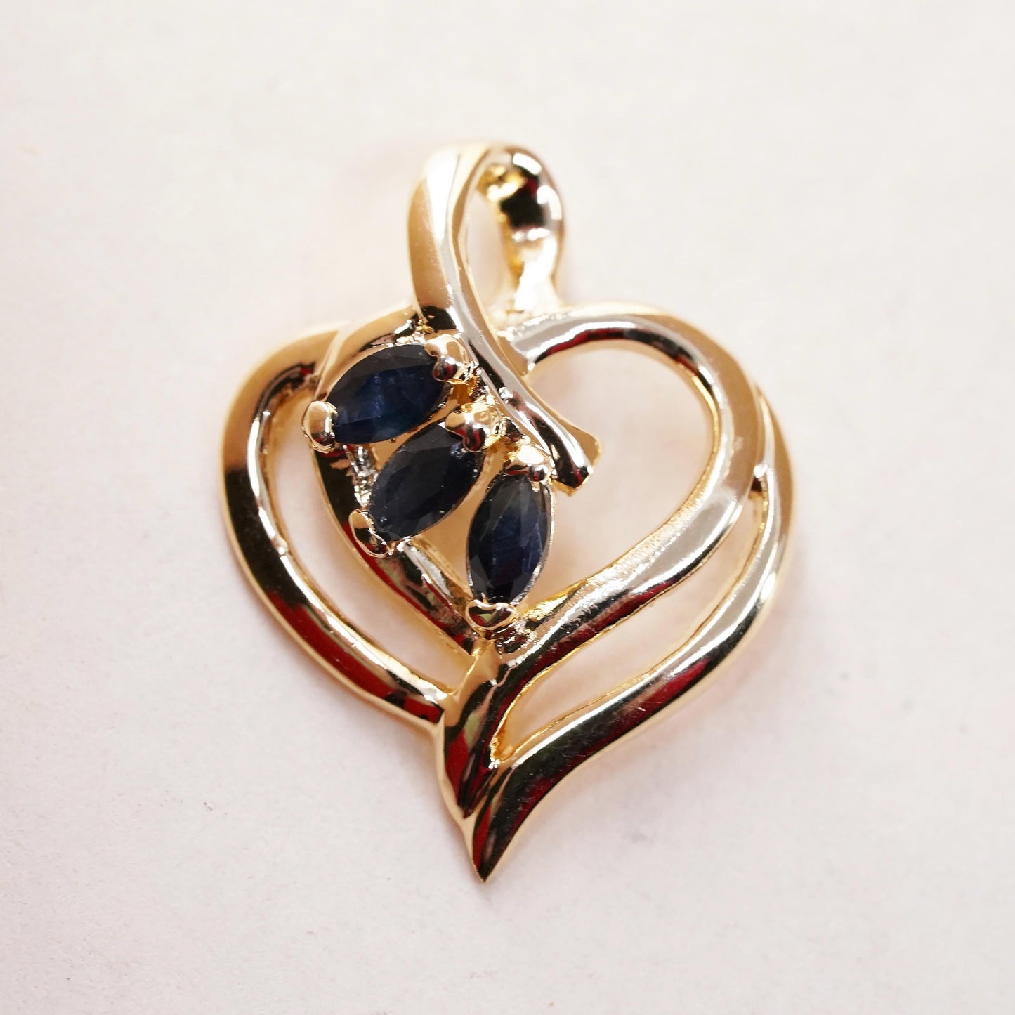 vintage vermeil Gold filled Sterling silver pendant, 925 heart with sapphire