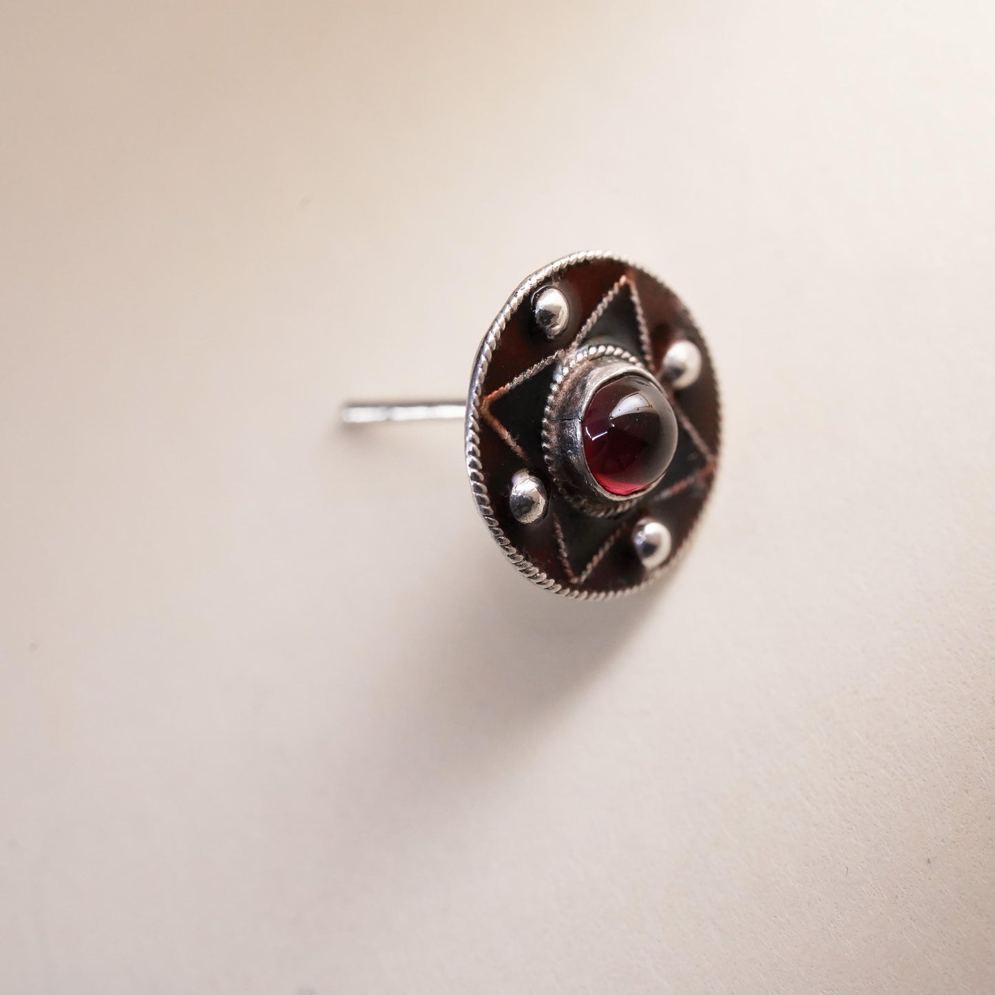 Vintage handmade single earring. Sterling 925 silver stud with garnet