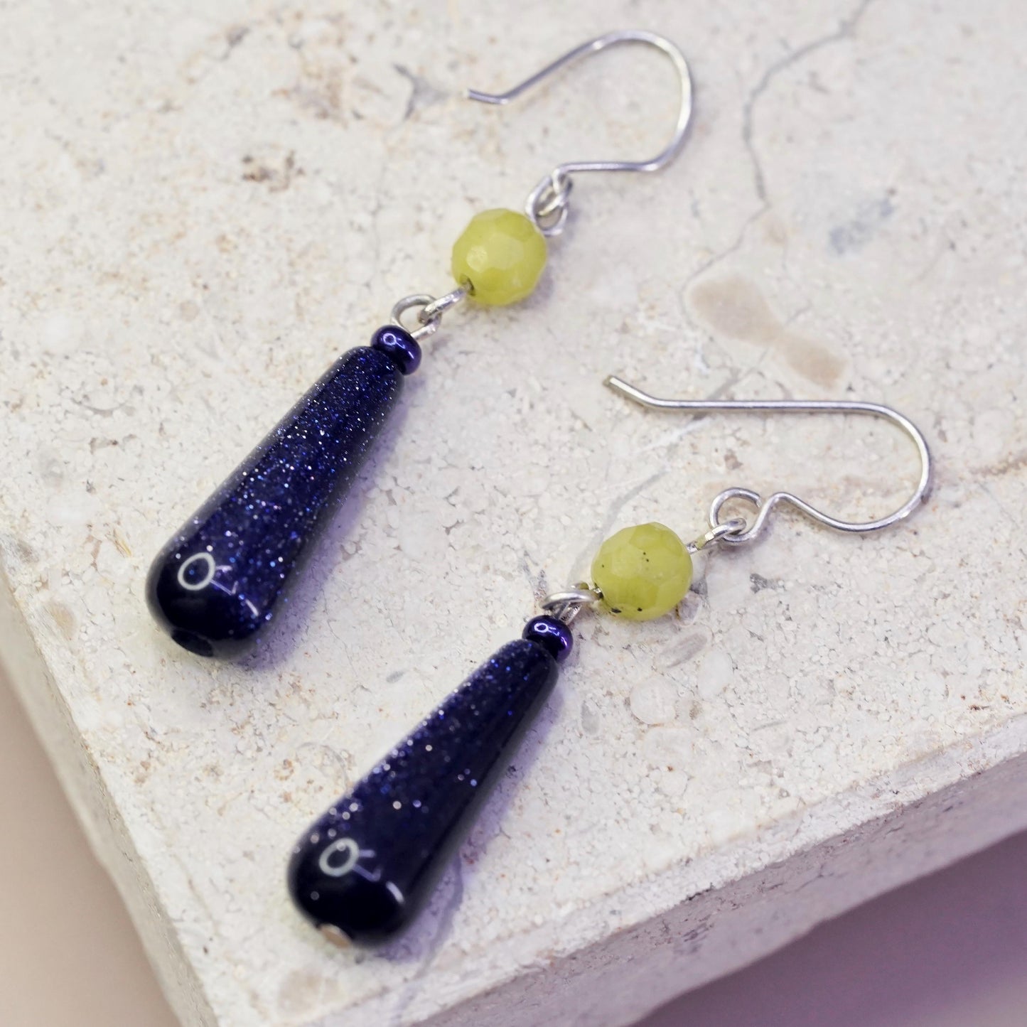 vintage sterling silver 925 teardrop blue goldstone earrings with jade beads