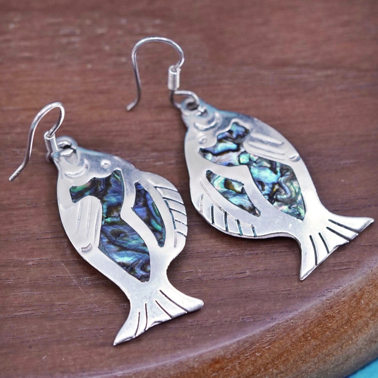 Vintage mexico Sterling silver handmade earrings, 925 fish with abalone inlay