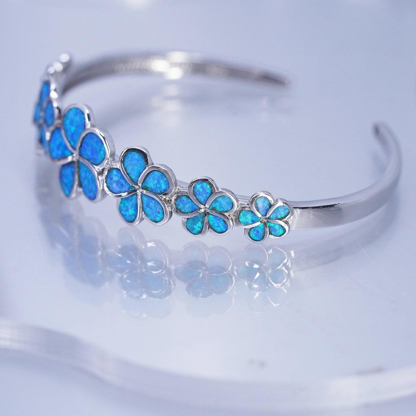 7.5”, vintage Sterling 925 silver handmade plumeria bracelet, cuff blue opal
