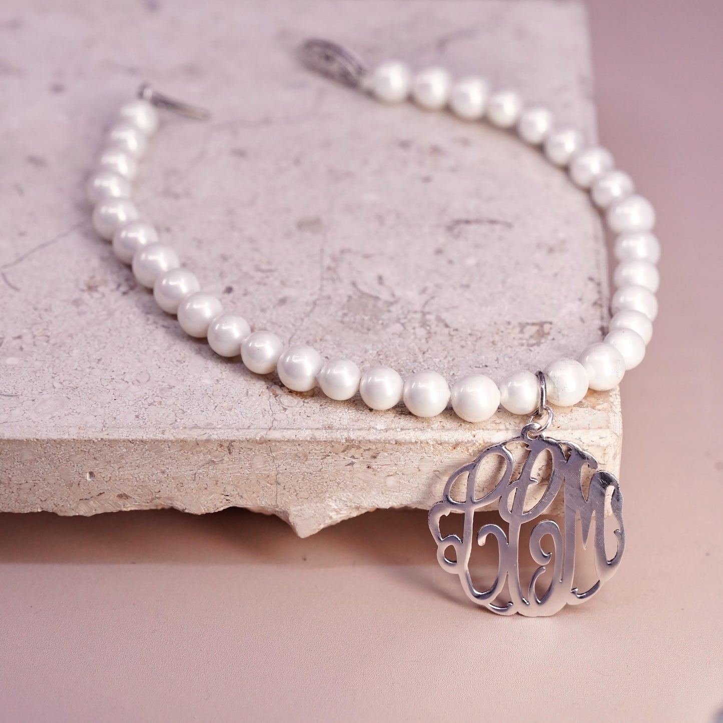 7.75", Sterling silver handmade bracelet, 925 monogram LMC charm pearl beads