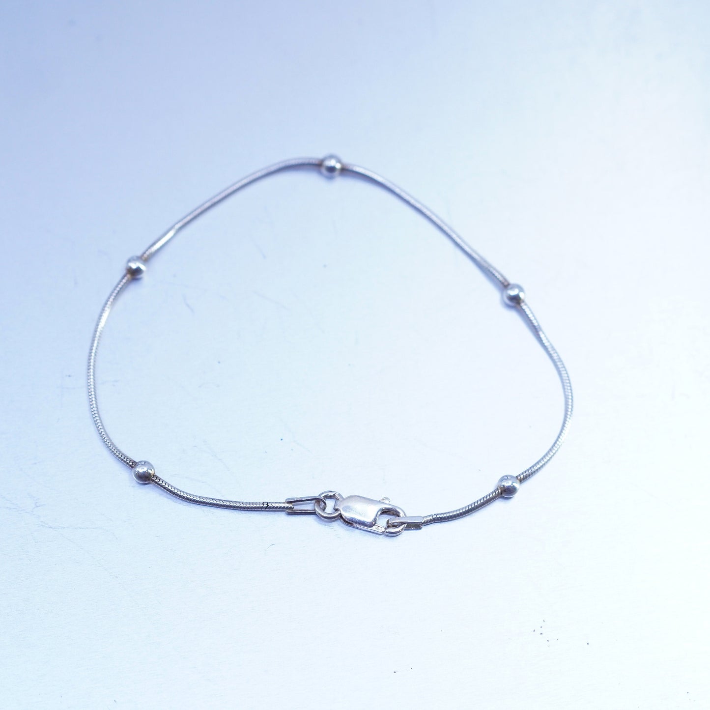 7”, 1mm, Sterling 925 silver handmade bracelet, snake chain with beads
