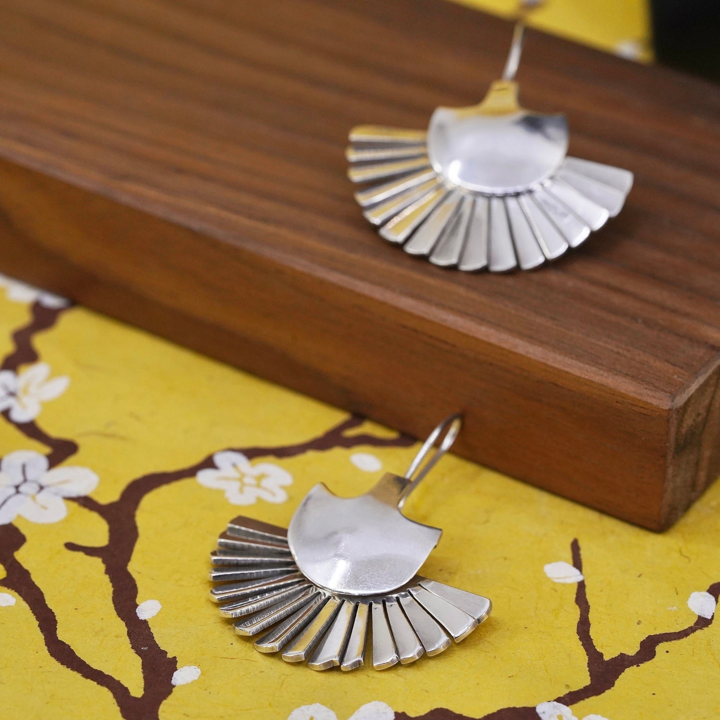Vintage sterling silver handmade earrings 925 modern simple half fan, modernist