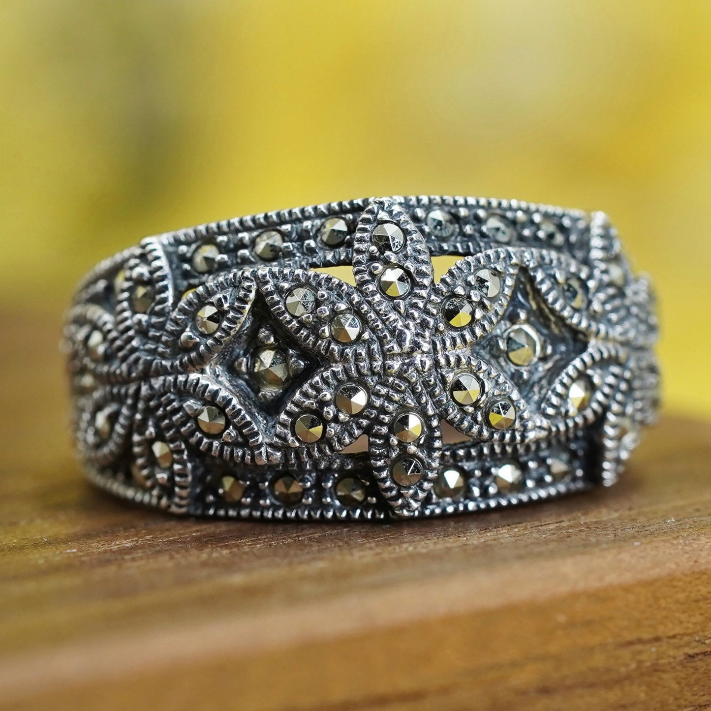 Size 7, Judith Jack Sterling silver flower ring w/ marcasite details, 925 band